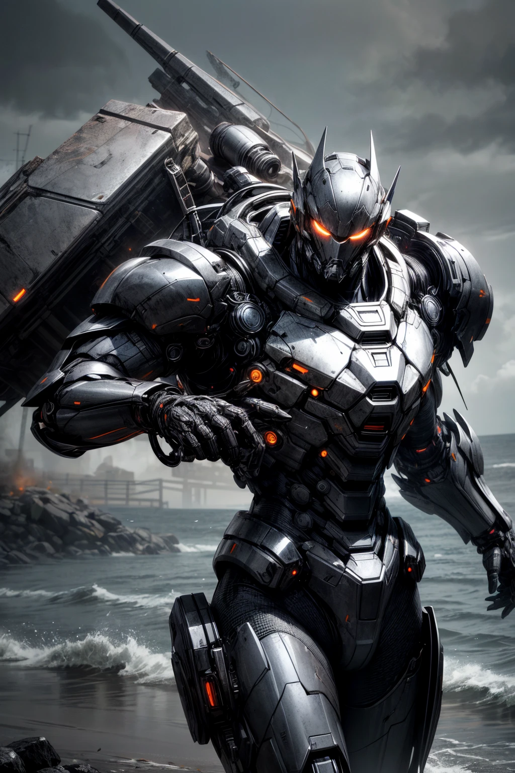 (Best quality,Ultra-detailed,Realistic:1.4), Gigantic Mark VI Jaeger, 25 feet height, badass looks, Looks tough and fierce, at the seashore, emerging slowly from the sea, heavy rain, in the style of Pacific Rim movie. Heavy armor, heavy weapons.
Holding a Plasma blade, ready for battle, Mechanical details,Shiny metal surface, orange glowing eyes,Ominous atmosphere,scifi concept art,High-contrast colors, Guillermo el Torro style,Sharp shadows,Dramatic lighting, cinematic lighting, 32K resolution