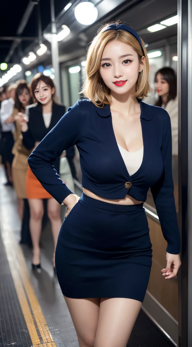 (((full body,including legs)))、(((オフィスレディ、OL、office lady、通勤中、little smile,formal clothes,navy knit、v-neck knit、thin knit、navy tight jacket)))、(((horseshoe-shaped hairband)))、formal ,high heel、Dressed up、(Photo real:1.4)、(A hyper-realistic:1.4)、(Photorealistic:1.3)、 (gentle lighting: 1.05)、(Improve the lighting quality of your video:0.9)、32k、 1Girl、28years old girl、photorealistic lighting、Back lighting、Facial Lights、Ray Trace、(bright:1.2)、(Increase quality:1.4)、 (best quality real texture skin)、Fair eyes,Delicate and delicate face, Close-up of the face, navy knit,very tight knit,v-neck knit、navy pencil skirt ,navy tight skirt, (Bodyline mood improvement:1.1)、Glossy skin、(wavy hair,blonde hair),韓国アイドル、乃木坂アイドル、Sculptural Idol Pose、little smile,blush,Beautiful actress、Neat woman,whole body, (((large breasts))),(perfect row of teeth),slender waist and hip,beautiful long legs、blonde hair,(full shot)、((8heads tall)、(((誘惑している、恥ずかしい)))、dynamic pose,gravure pose,(thick eyeliner,eye shadow),((red cheek、red lips)),Super Clean Night View、night time、blush,little smile,(((full shot)))、a little open the legs、(((in the crowded night train)))