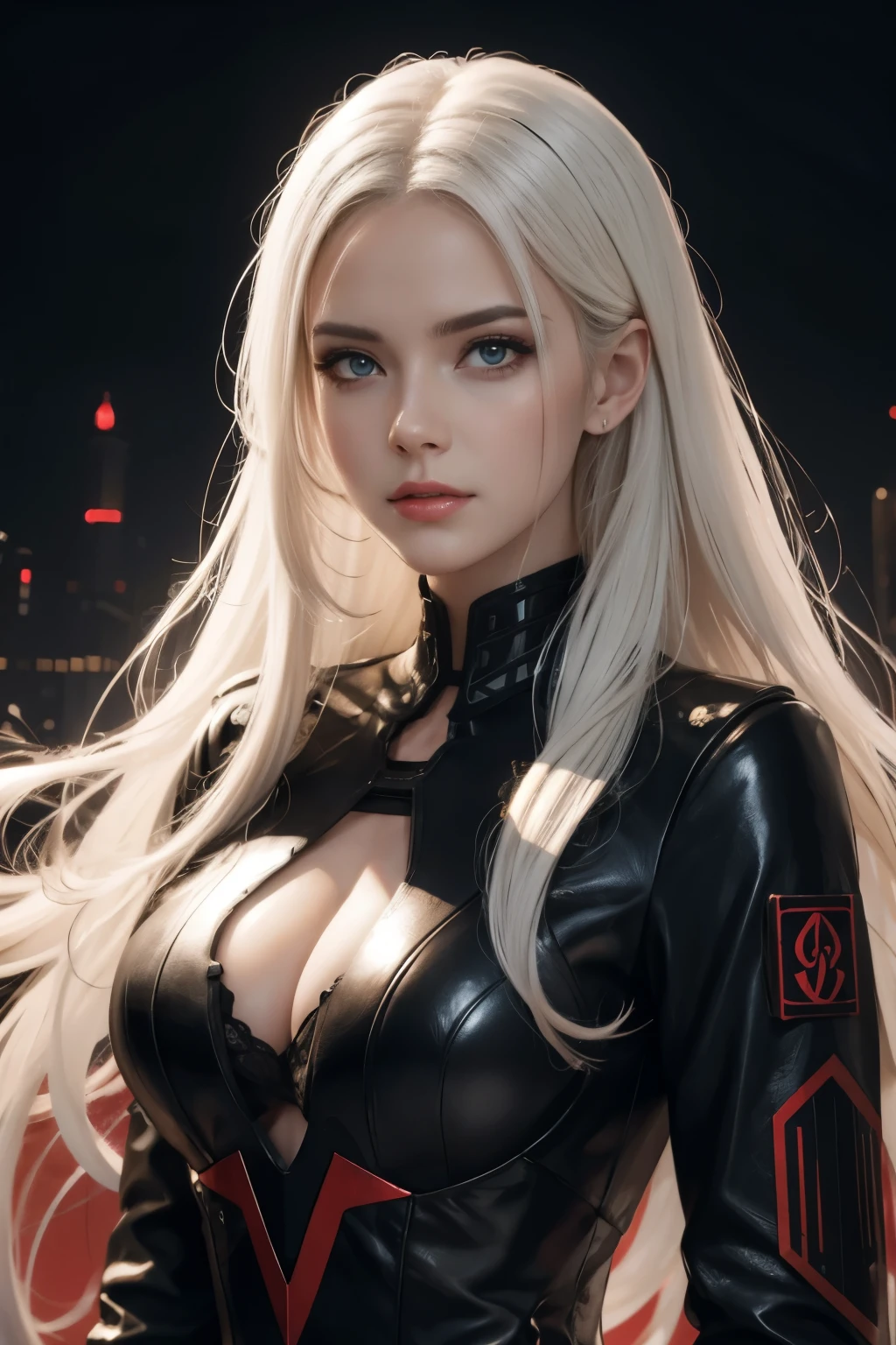 Portrait of a beautiful girl with wavy white hair, wearing a formal black dress with metal parts, red eyes, monograms in the background, digital painting, dark colors, 8k, complex details, vintage, retro futuristic style, sharp focus on the center, pastel colors, art station, (sci-fi, future, future theme), (facial expression looking with disdain), (detailed illustration)