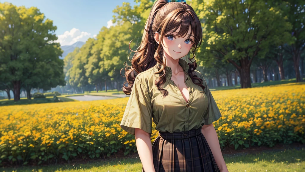 1girl, solo, flowers, trees, brown hair, curly hair, long hair, ponytail, large breasts, button down shirt, ((brown green shirt)), ((unbuttoned shirt)), ((short sleeved shirt)), blue eyes, checked skirt, smile, looking at the viewer, ((standing)), hair ribbon
