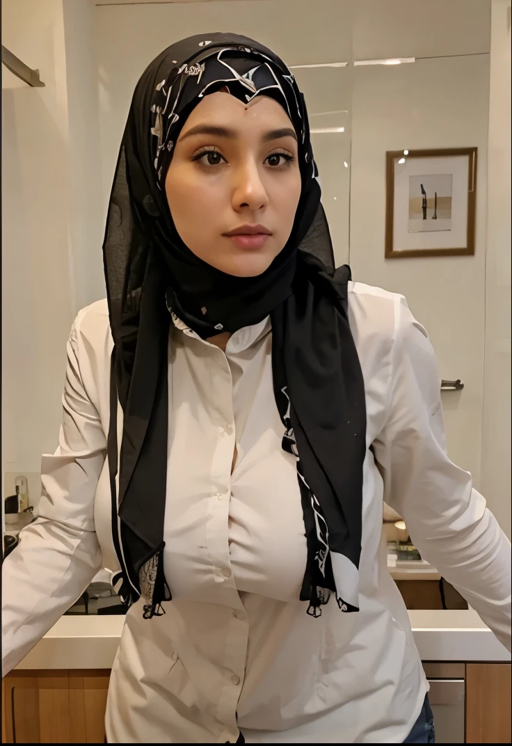 52 years Old, Hijab Indonesian mature woman, ( Massive Big Tits), Gamis, Slim body, Breast about To burst out, at doctor office, Dark light, at Daytime