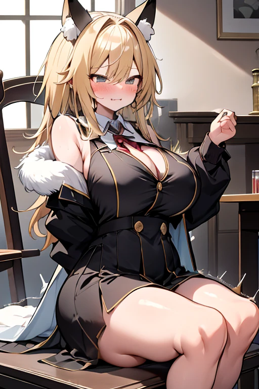 huge boobsの女の子、two people、Bian、animal ears、huge boobs、A glimpse of her big breasts、Animal tail、lesbian kiss、,sitting on a chair、blush、Troubled face、Academy of Magic Uniform、gradation hair、、Elegant coat、Clothes with fur、Conspiracy look、Provocative facial expressions、mock、laugh together、 Various poses、Luxurious decoration in gold、Luxurious two-seat chair、long hair、