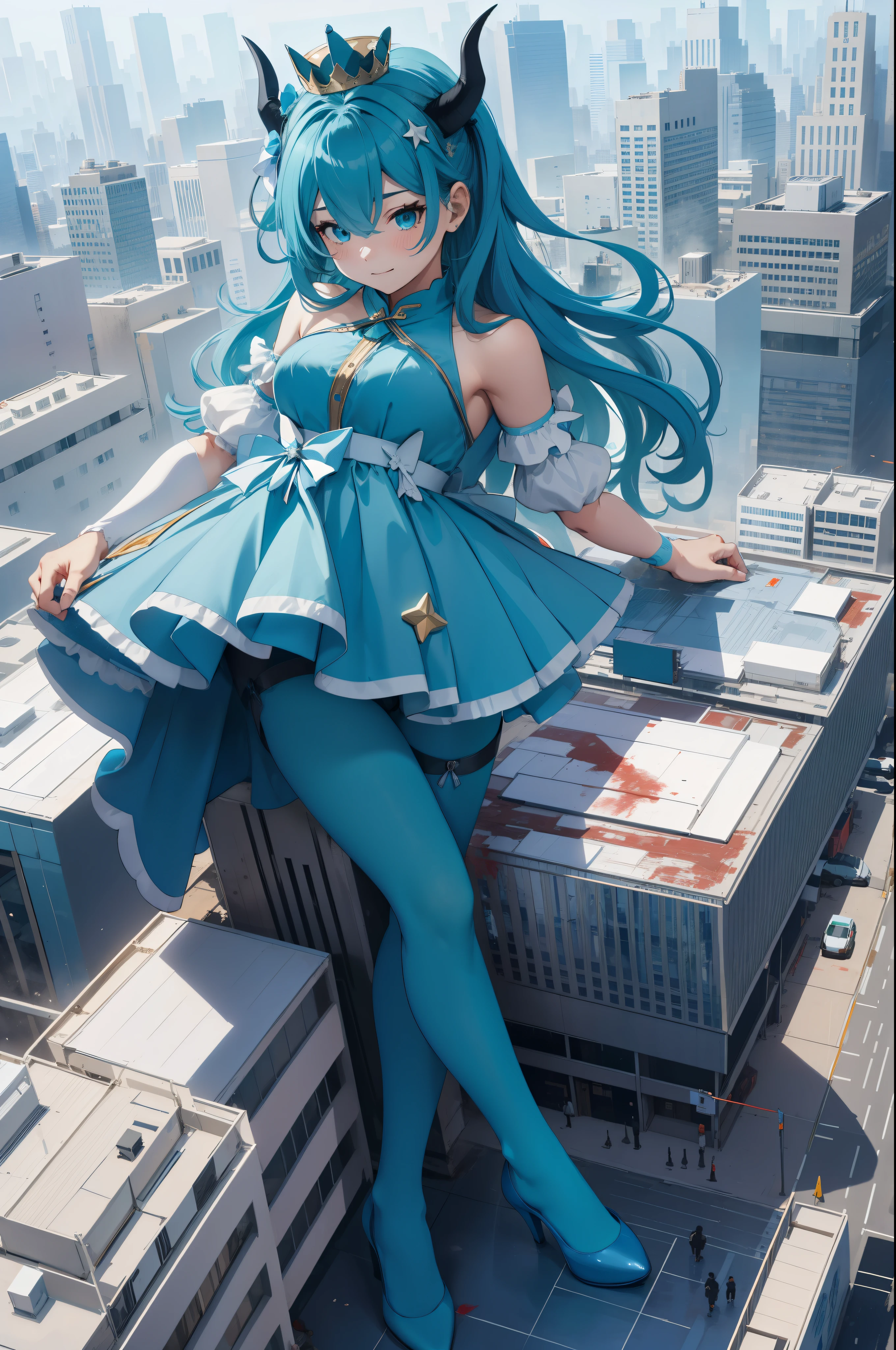 Aerial View，giant girl 50,000 feet high，Weight 1000kg，Has a pair of huge blue angel wings，With huge devil horns on his head，Has waist-length blue hair，loose hair，blue wavy hair，cyan crown，Wearing a pair of cyan Mary Jane high heels，cyan lace gloves，Cyan lace pantyhose，Bow and star embellished tights，青色蕾丝whole body，Standing tall above the small town，Beautiful appearance，Exquisite makeup，quality，8k，高quality，Perfect proportion, Cinema lighting，film grain，Fuji colors，8k，textured skin，Super details，high detail，high resolution，fake smile，blood stains，脚底有blood stains，whole body，fat，feather