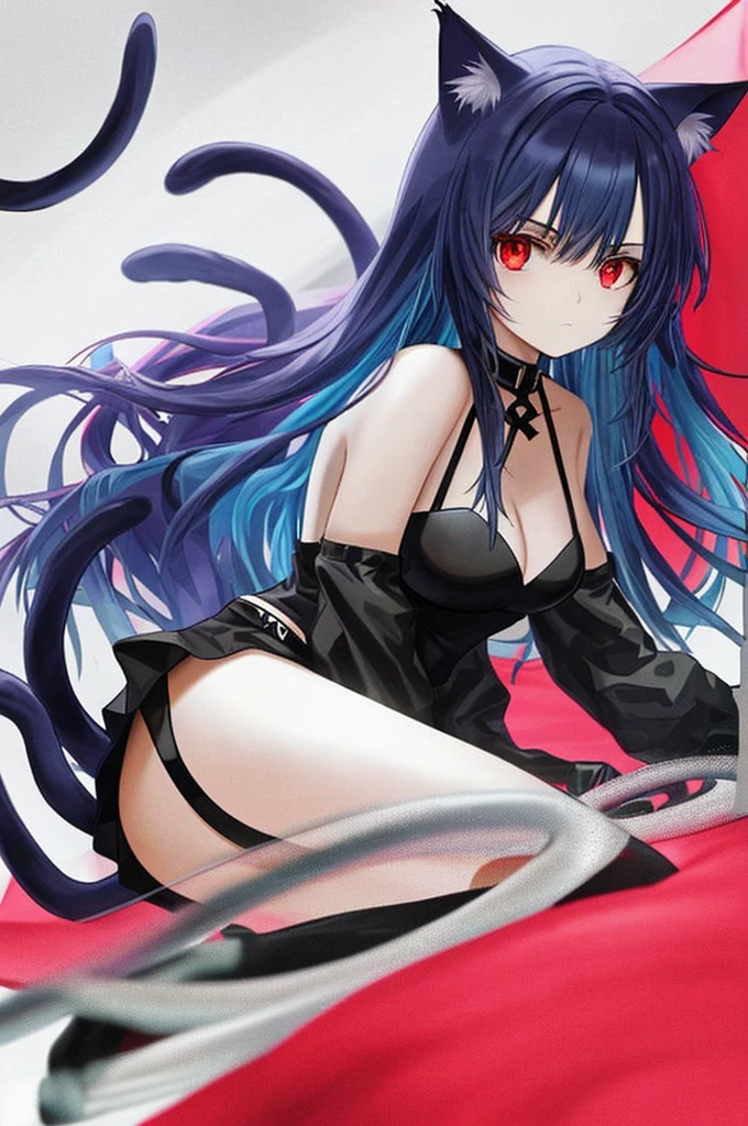 girl, cat ears, cat tail, blue hair, red eyes, sex with tentacle, sex, white shir, black pants