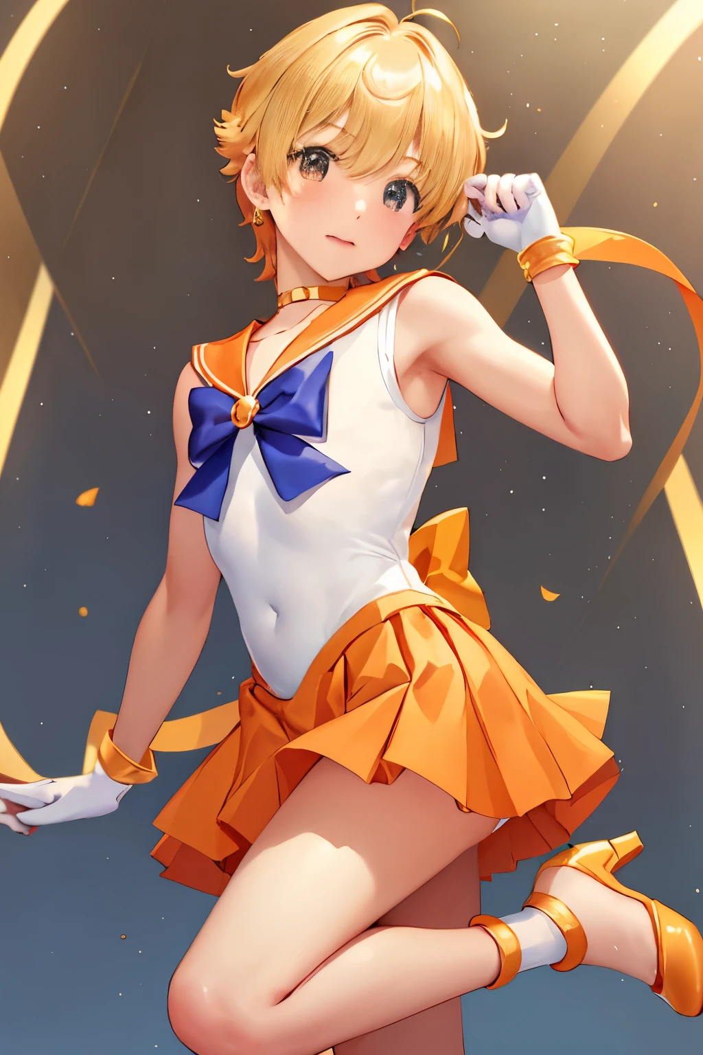 highest quality、masterpiece、solo、High resolution、sailor venus、Short blonde boy、Boy with brown eyes、Orange Choker、Golden Choker、Golden Circlet、jewelry、Sailor Senshi Uniform、white gloves、elbow bag、white leotard、high leg leotard、white dress、Orange sailor collar、Golden sailor collar、purple bowtie、Orange skirt、Golden skirt、mini skirt、pleated skirt、Orange High Heels、golden high heels、bare upper arm、bare legs、Magical Boy、Boy standing、