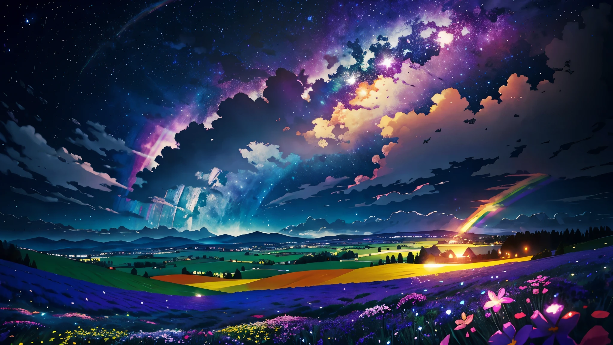 (from below, the sky above, open fields below), purple sky, clouds, stars, lavender meadows, flowers, wind, (dynamic composition: 1.4), rich detail, rich in color, (rainbow colors: 1.2), (luminous, atmospheric lighting), dreamy, magical,