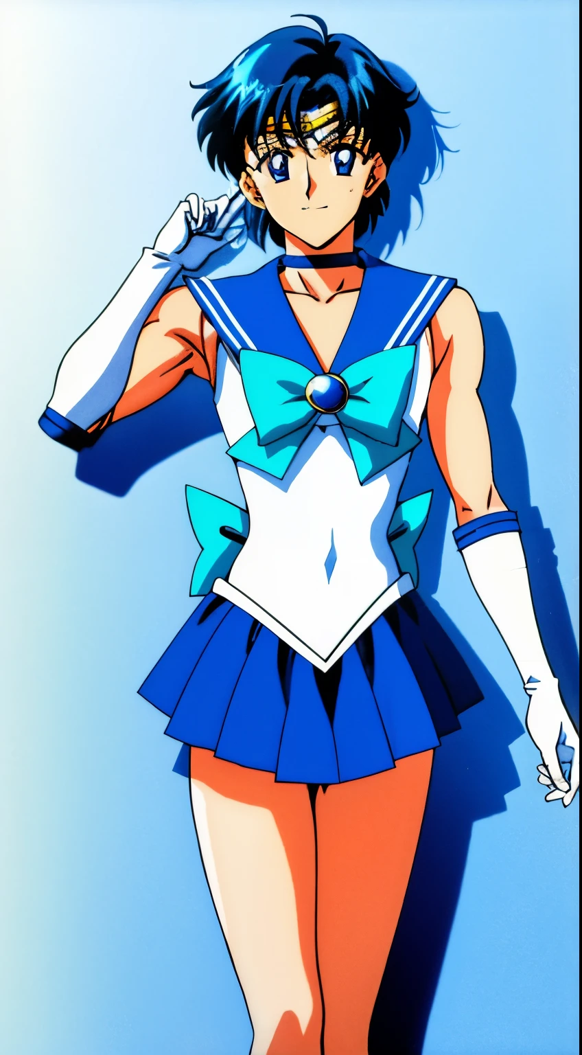 Top Quality Anime Art、masterpiece、high definition anime art、アニメstyle8K、High resolution、Boy standing、Very short blue-haired boy、jewelry、Blue-eyed boy、Golden Circlet、earrings、solo、Strong muscles、Sailor Senshi Uniform、Muscular and strong、white gloves、elbow bag、blue choker、Blue Heeled Boots、white leotard、high leg leotard、white dress、blue sailor collar、Sky blue bow tie、mini skirt、pleated skirt、blue skirt、muscular man、smile、Bare shoulders、bare legs、Hymns to the King as a Prince, an retro anime image、Full body close-up shot、anime dick. Rogue Anime Boy、soft lighting、(1990s\(style\)0.9)、
