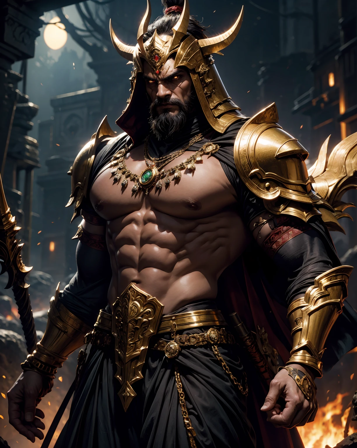 8k rendered digital illustration of the fierce-looking warrior Demon queen Ravana with weapons, wearing Indian king's red-green attire with gold jewellery and gold armour in a dark universe, a mild burning hellish environment giving the scene a dark atmosphere but sculpting the forms in sharp chiaroscuro, it is night time, muscular body, hairy chest, body builder, (detailed face), detailed background, depth of field, (dark lighting:1.3), dramatic lighting, twilight lighting, volumetric shadows