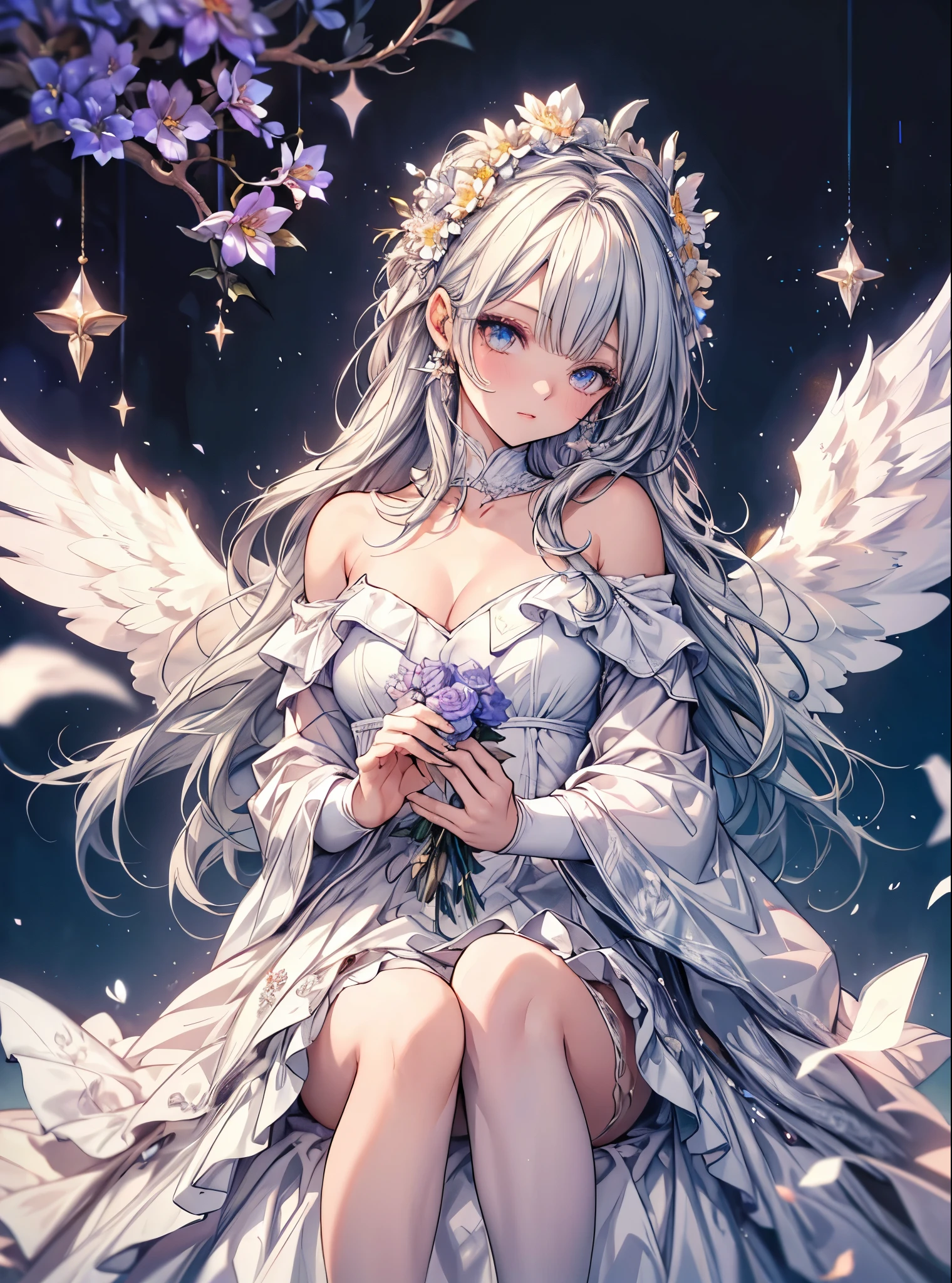 masterpiece, highest quality, High resolution, SA1, Off-shoulder dress, Angel wings, beautiful angel, lots of flowers々, Sparkly eyes, false eyelashes, Cute atmosphere, 