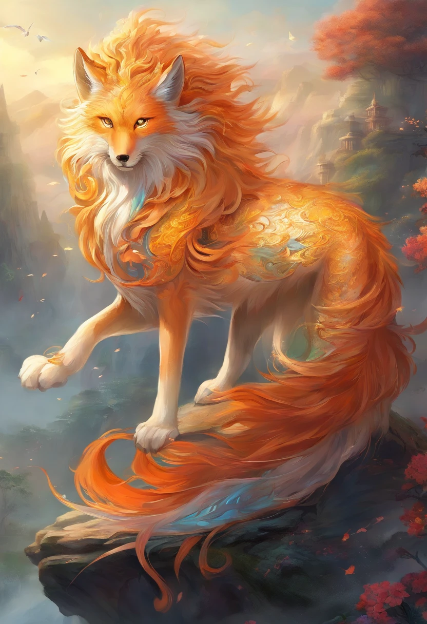 mythological creatures，（（The nine-tailed fox in Chinese mythology）），Traditional Chinese elements，Ancient murals，Illustrative myths，Fuyao Legend，Dappled light，Hazy haze，mystical aura，tmasterpiece，k hd，Rich in color，Detailed details，Seven colors