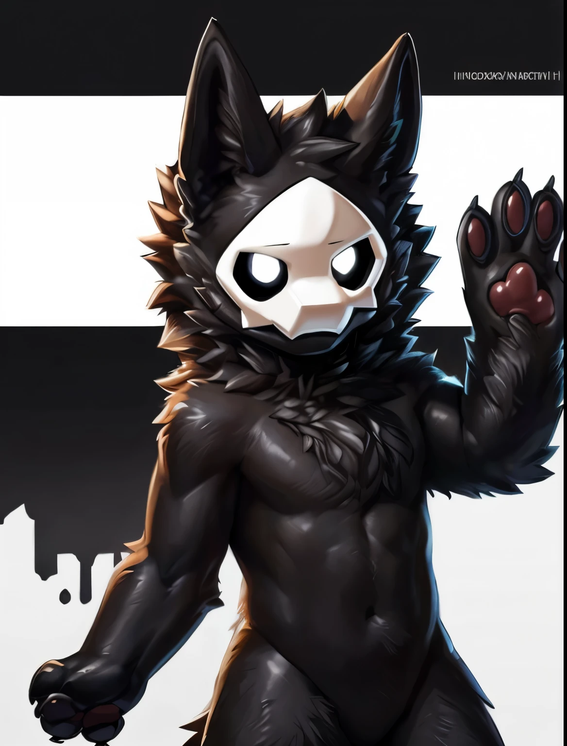 by reysi, by hioshiru, by zackary911, by darkgem, masterpiece, portrait, soft lighting , (fluffy fur:1.1), slim, male, puro, black fur, white mask, white eyes, black sclera , looking at viewer, detailed background, full body image, wearing clothes/lingerie, wearing white lace lingerie