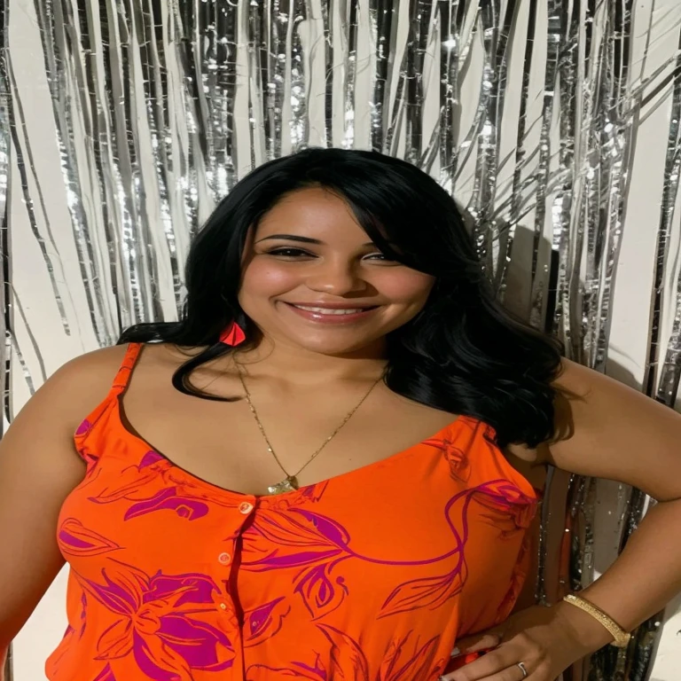 mulher sorridente com blusa laranja em frente a uma cortina prateada