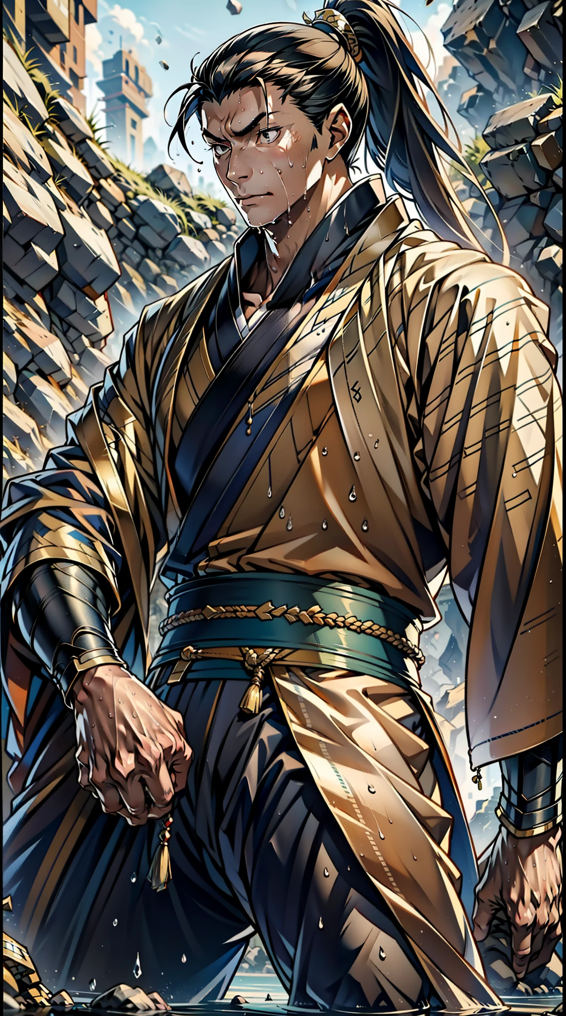 two-dimensional, anime style, man (male warrior), muscle, correct proportions, facial details, martial arts, high ponytail hairstyle,neck detail, with Adam&#39;s apple,, Hanfu costume, black toga, Embroidered robes, Robes, clothing details, collar, long sleeves, Game quality, swordsman demeanor, Ray tracing, Ray tracing, detailed glow, CG rendering, hair details, long black hair, golden eyes,, Handsome, Handsome,, (Youthful feeling), intricate clothing, wet, wet, perfect composition, refine, high quality, more details, many details, complex background, atmosphere,