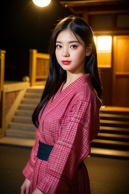 ((realistic lighting、highest quality、8K、masterpiece:1.3))、clear focus:1.2、1 girl、perfect figure:1.4、black haired bitch、Wearing yukata、Yukata is red、outside the house、night:1.1、Fireworks Festival、super fine face、narrow eyes、double eyelid、