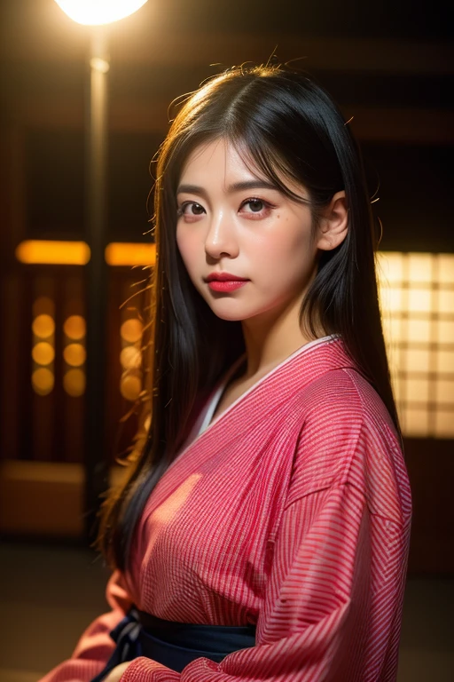((realistic lighting、highest quality、8K、masterpiece:1.3))、clear focus:1.2、1 girl、perfect figure:1.4、black haired bitch、Wearing yukata、Yukata is red、outside the house、night:1.1、Fireworks Festival、super fine face、narrow eyes、double eyelid、