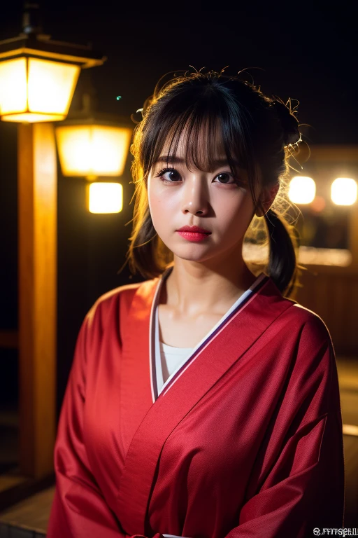 ((realistic lighting、highest quality、8K、masterpiece:1.3))、clear focus:1.2、1 girl、perfect figure:1.4、black haired bitch、Wearing yukata、Yukata is red、outside the house、night:1.1、Fireworks Festival、super fine face、narrow eyes、double eyelid、