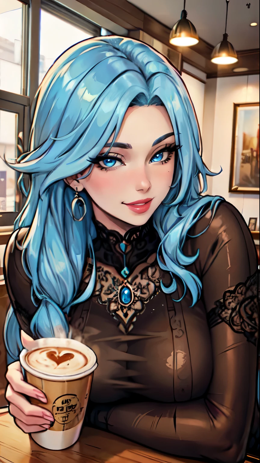 Masterpiece, raw,  beautiful art, professional artist, 8k, art style by sciamano240, very detailed face, very detailed hair, 1girl, perfectly drawn body, beautiful face, long hair, light blue hair , very detailed blue eyes, pouty lips , rosey cheeks, intricate details in eyes, playful smile, looking directly at viewer , happy expression, wedding ring , lipstick, modern coffee shop setting, very close up on face, trendy winter clothes, drinking a coffee, 