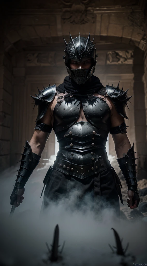 Bizarre and grotesque warrior with highly detailed black metallic armor, espada en las manos, Metallic helmet with thorns, muy fuerte y musculoso de aspecto violento y fuerte, inside a very large gothic castle with fog and cold, nieve, fotorrealista, photographic appearance, estilo RAW.