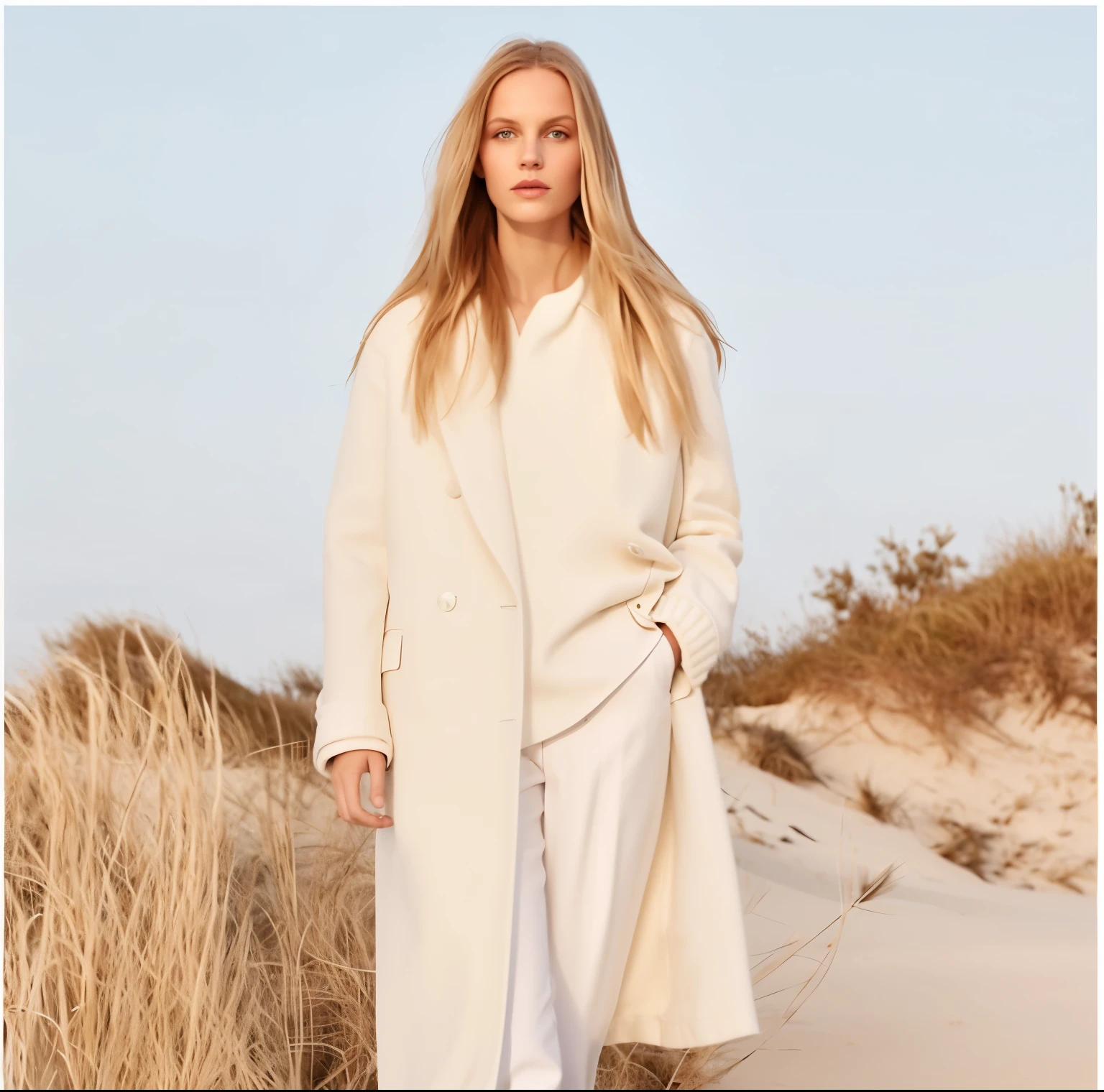 a woman standing on a beach wearing a white coat and white pants, britt marling style, official jil sander editorial, britt marling style 3 / 4, britt marling style 3/4, in style of britt marling, wearing a white winter coat, white clothing, in pastel shades, official vogue editorial, long coat, wearing a duster coat, coat