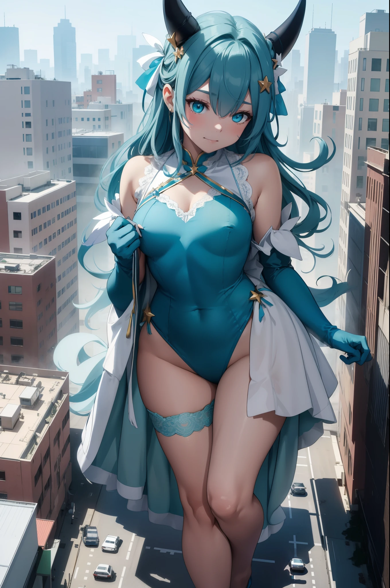 Aerial View，giant girl 50,000 feet high，Weight 1000kg，Has a pair of huge blue angel wings，With huge devil horns on his head，Has waist-length blue hair，loose hair，Blue wavy hair，cyan crown，Wearing a pair of cyan Mary Jane high heels，cyan lace gloves，Cyan lace pantyhose，Pantyhose with bow and star decorations，青色蕾丝whole body，Standing upright on a small city，Beautiful appearance，Exquisite makeup，quality，8k，高quality，Perfect proportion, Cinema lighting，film grain，Fuji colors，8k，textured skin，Super details，high detail，high resolution，fake smile，blood stains，脚底有blood stains，whole body，Obese，feather