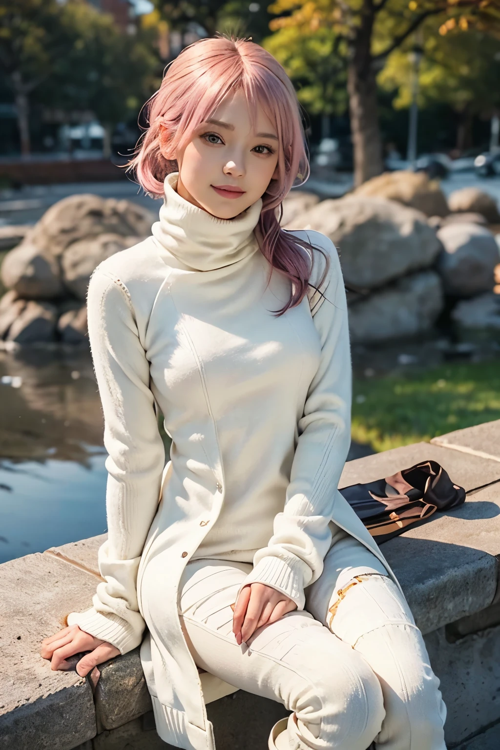 (8K, top-quality, masterpiece:1,2), (reallistic, Photorealsitic:1.37), Super Detail, One girl,), (Highly detailed), (beautifully detailed eyes), (of the highest quality), (super detailed ), (masterpiece), (Detailed face),20yr old, ,1 girl, ((pink hair)), medium breasts, clothed, Perfect Lighting, pussy and breast focus, looking at viewer, (beige long coat:1.3), (white knit turtleneck:1.4), (black skinny jeans:1.2), (slim silhouette:1.2), (gray wool socks:1.2), (brown leather boots:1.2), (red scarf:1.3), smiling, holding scarf, lifting collar, beige coat, white turtleneck, black jeans, gray socks, brown boots, snowy park, orange sunlight
