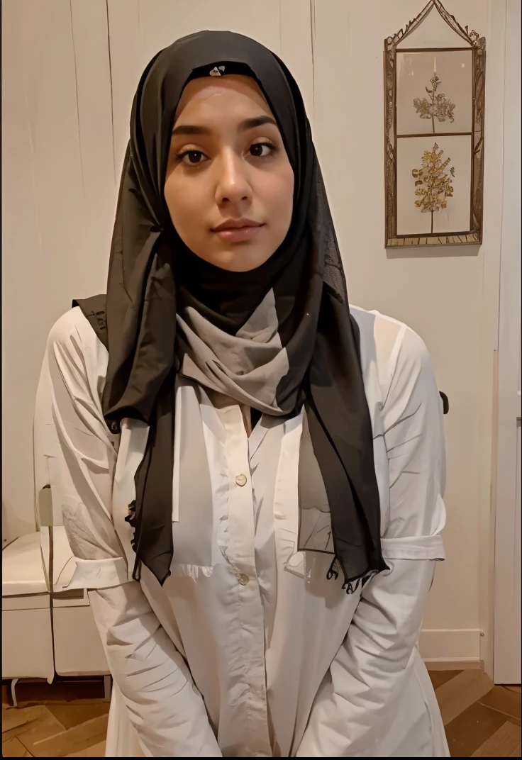 woman,((30 years old)), white shirt, black hijab, beautiful face, white skin, soft smile, white pants