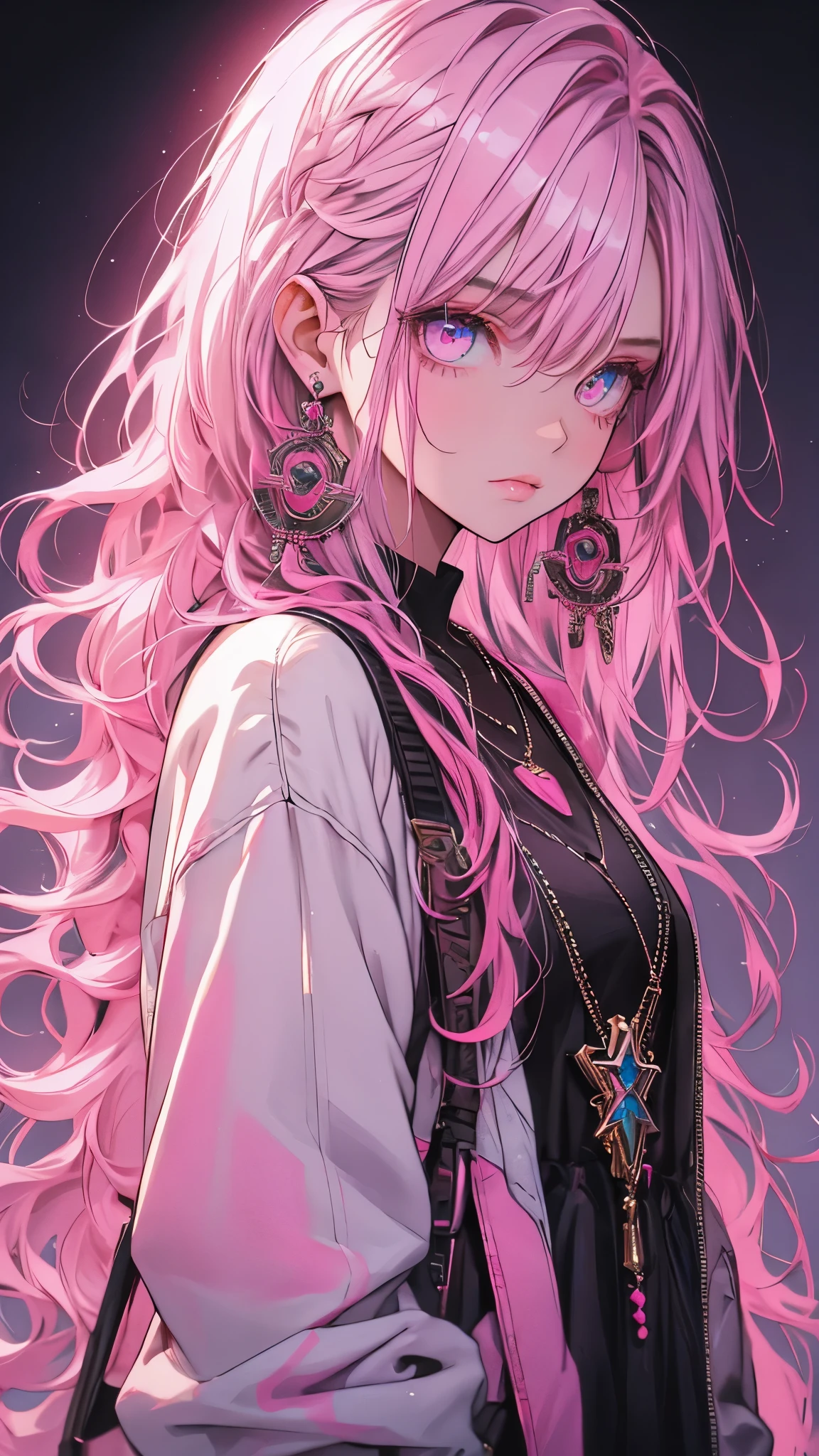 Hongliu, 1 girl, alone, long hair, looking at the viewer, blue eyes background, white background, jewelry, closed mouth, Jacket, Upper body, pink hair, earrings, pink eyes, necklace, From the side, sweater, lips, eyelash, compensate, wavy hair, earrings, cross, lipstick, ear earrings, eye shadow, hoop earrings, pink lips, multicolored eyes, pink theme, , pink eye shadow,