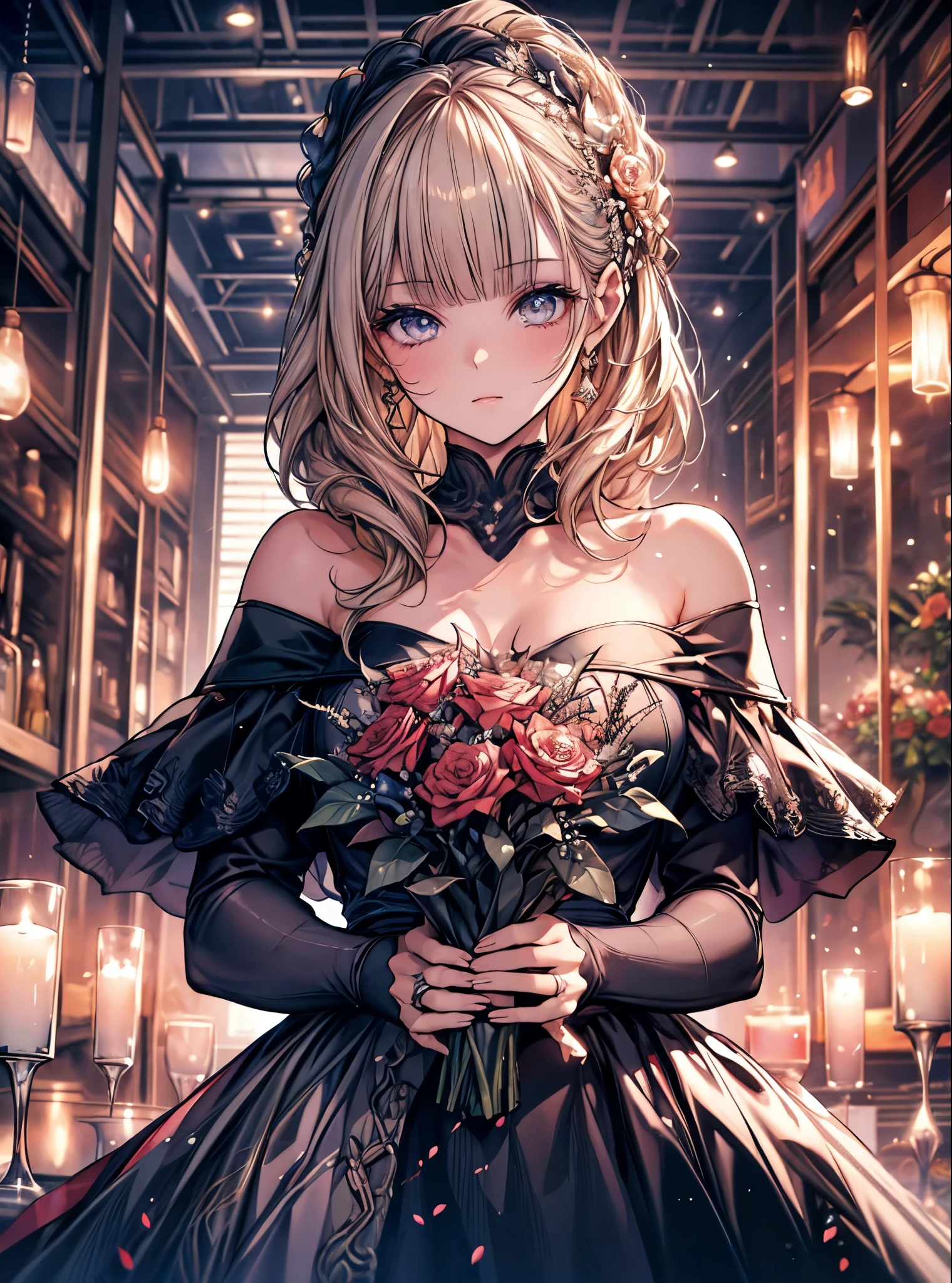 masterpiece, highest quality, High resolution, SA1, Floral off-the-shoulder dress, Sparkly eyes, false eyelashes, Cute atmosphere, have a bouquet,