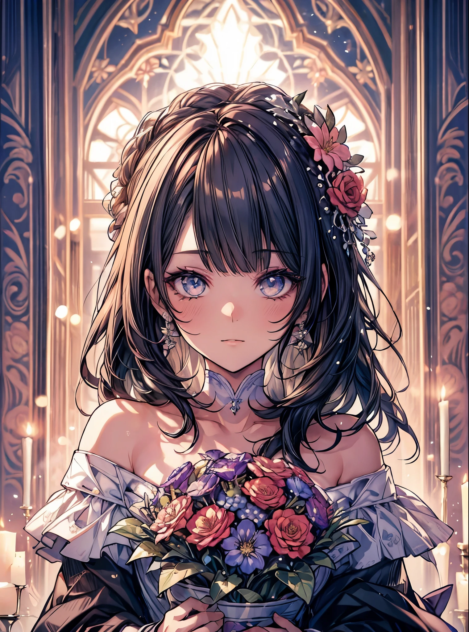 masterpiece, highest quality, High resolution, SA1, Floral off-the-shoulder dress, Sparkly eyes, false eyelashes, Cute atmosphere, have a bouquet,