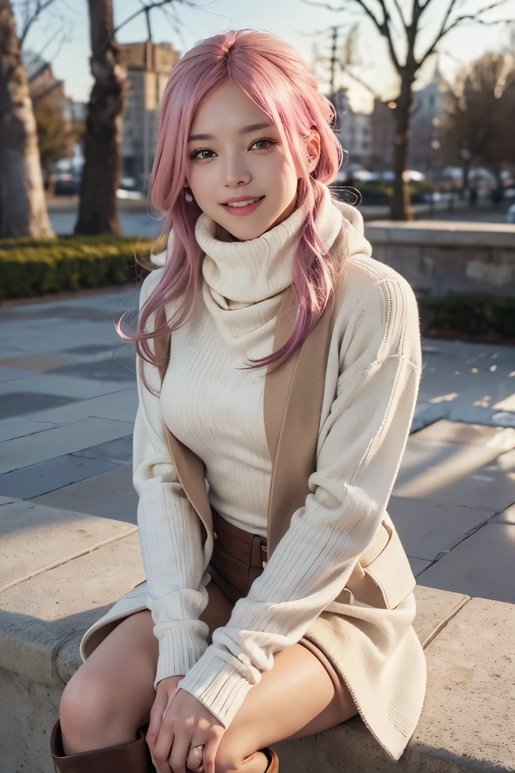 Hyper realistic, ultra detailed photograph of a woman with messy blond hair (pink highlights) wearing an off shoulder slim sweter, laughing out loud and dancing, sunlight fractal details, depth of field, detailed gorgeous face, natural body posture, captured with a 85mm lens, f4. 6, bokeh, ultra detailed, ultra accurate detailed, bokeh lighting, surrealism, urban settin, ultra unreal engine, intricate, epic, freckles