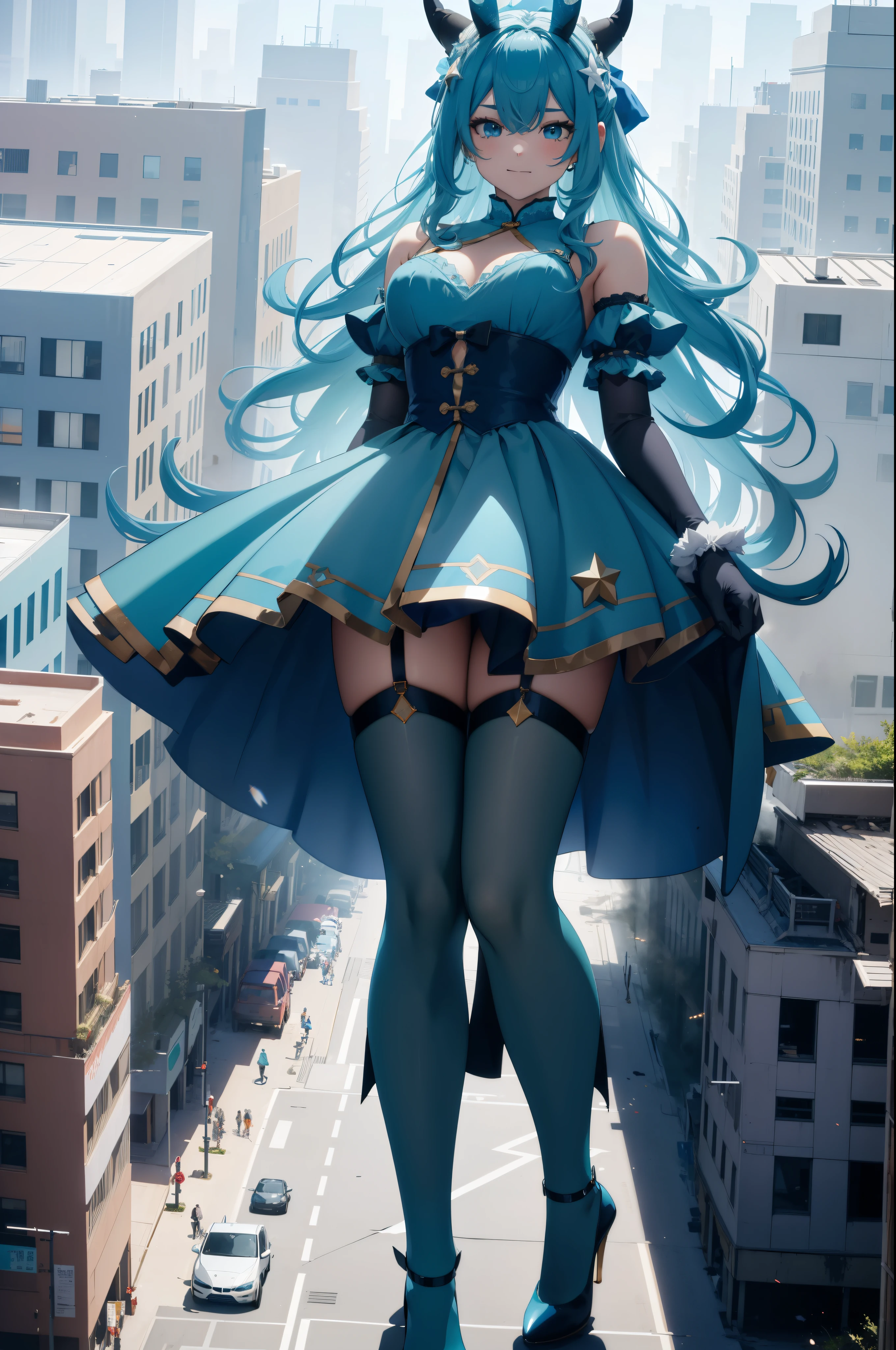 Aerial View,giant girl 50,000 feet high,Weight 1000kg,Has a pair of huge blue angel wings,With huge devil horns on his head,Has waist-length blue hair,loose hair,blue wavy hair,cyan crown,Wearing a pair of cyan Mary Jane high heels,cyan lace gloves,Cyan lace pantyhose,Bow and star embellished tights,青色蕾丝whole body,Standing tall above the small town,Beautiful appearance,Exquisite makeup,quality,8k,高quality,Perfect proportion, Cinema lighting,film grain,Fuji colors,8k,textured skin,Super details,high detail,high resolution,fake smile,blood stains,脚底有blood stains,whole body,fat,feather
