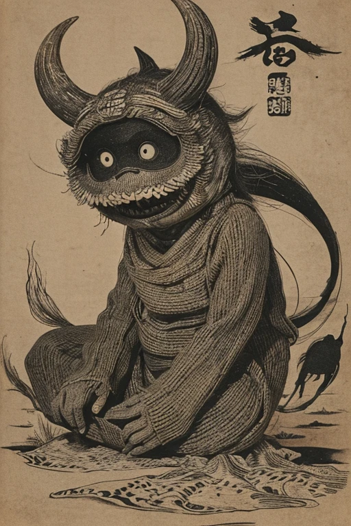 ((jumpscare)), Outline warm color, ((festival)), ((Chojugiga)), ((Shihon Bokuga)), antique, (anthropomorphism), (Sumi-e), Monochrome art, (Old paper style illustration), (hunting paintingural style, Little monster, old performance, variational pointillism, flat illustration, eerie, (horror elements), eerie worldview, (primitive art), Outline warm color, old picture scroll style, old staging, Ancient mural style