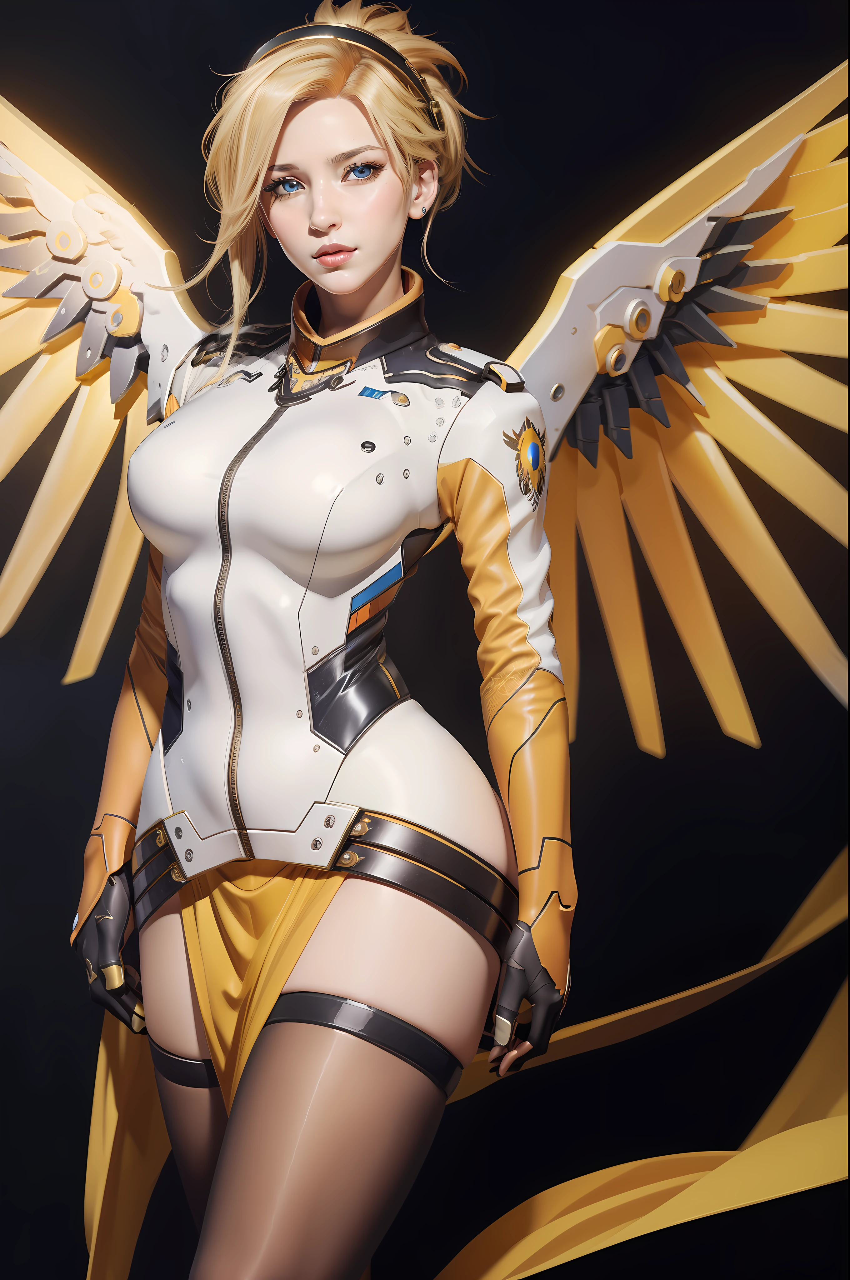 (masterpiece, best quality),  intricate details,
1girl,    1girl, solo, mercy (overwatch), mechanical halo, breasts, blue eyes, blonde hair, pantyhose, mechanical wings, wings, halo,  holding, bodysuit, cowboy shot,  yellow wings, brown pantyhose, lips, gloves, pelvic curtain, black gloves,