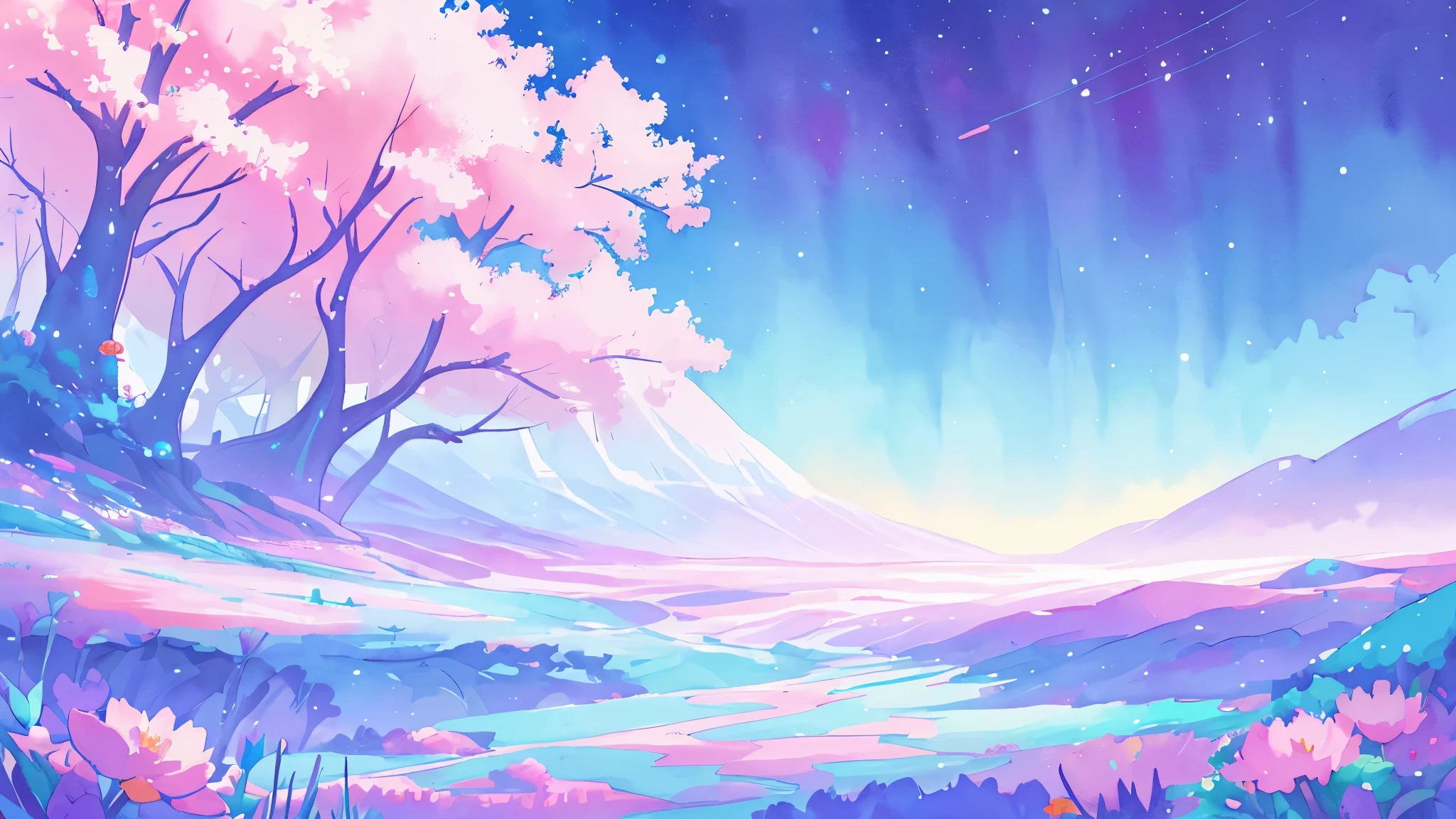 beautiful fantasy landscape, vibrant colors, (((otherworldly landscape))), whimsical landscape, purples pinks blues, watercolor illustration, disney art style, glowing lights, beautiful digital illustration, fantasia otherworldly landscape plants flowers, beautiful, masterpiece, best quality, anime disney style, ((colourful))