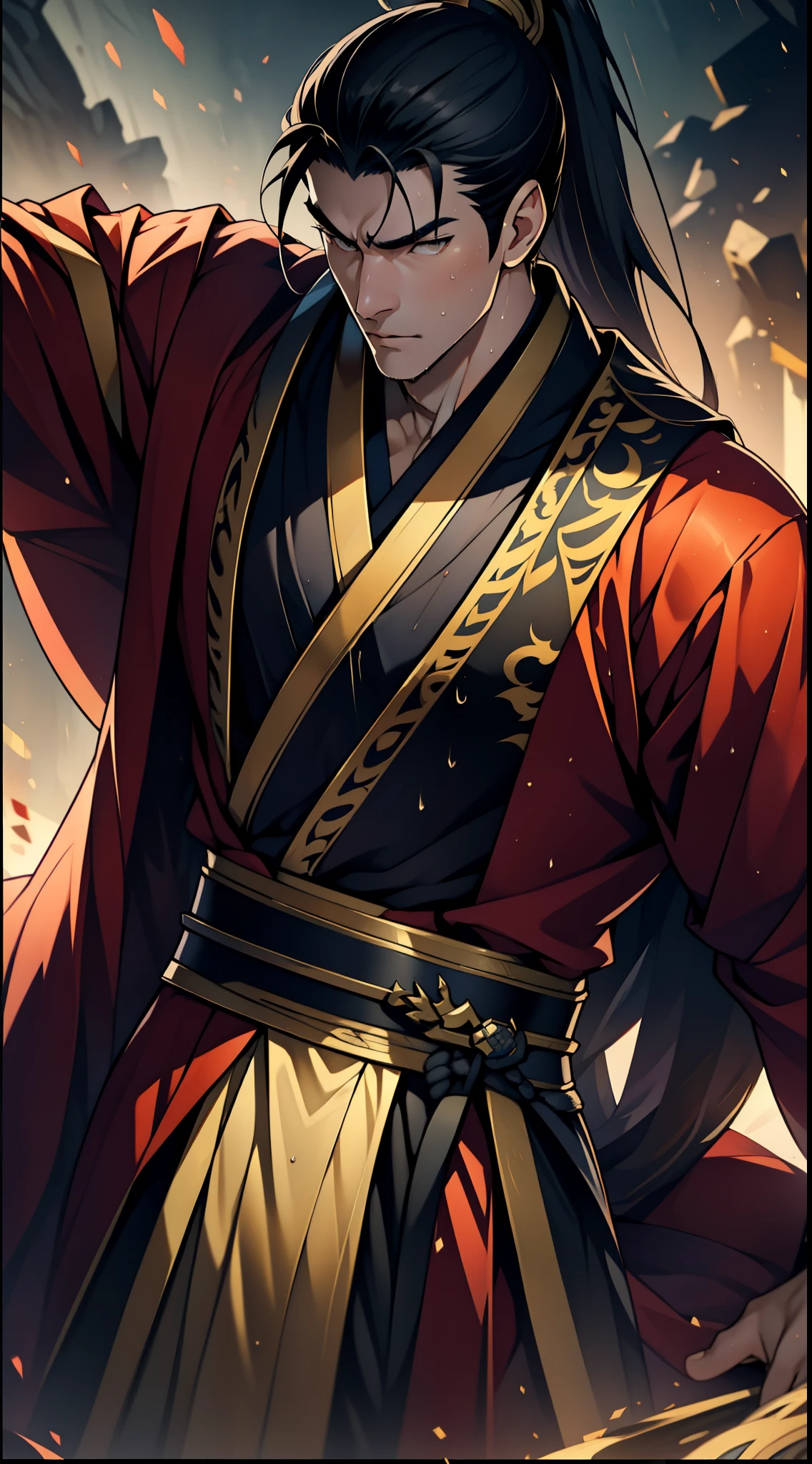 two-dimensional, anime style, man (male warrior), muscle, correct proportions, facial details, martial arts, high ponytail hairstyle,neck detail, with Adam&#39;s apple,, Hanfu costume, black toga, Embroidered robes, Robes, clothing details, collar, long sleeves, Game quality, swordsman demeanor, Ray tracing, Ray tracing, detailed glow, CG rendering, hair details, long black hair, golden eyes,, Handsome, Handsome,, (Youthful feeling), intricate clothing, wet, wet, perfect composition, refine, high quality, more details, many details, complex background, atmosphere,