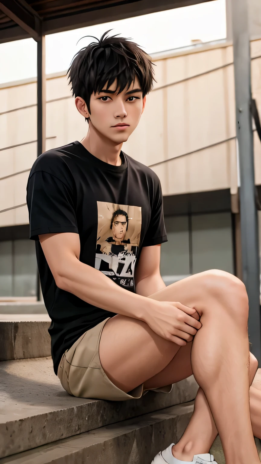 ((super sharp focus)), (((hairy legs))), hairy legs, toned legs, whole body, two block, messy shortt hair, long legs, Japan Male, 27 years old, wearing beige shorts, wearing a black T-shirt, very short hair, black hair