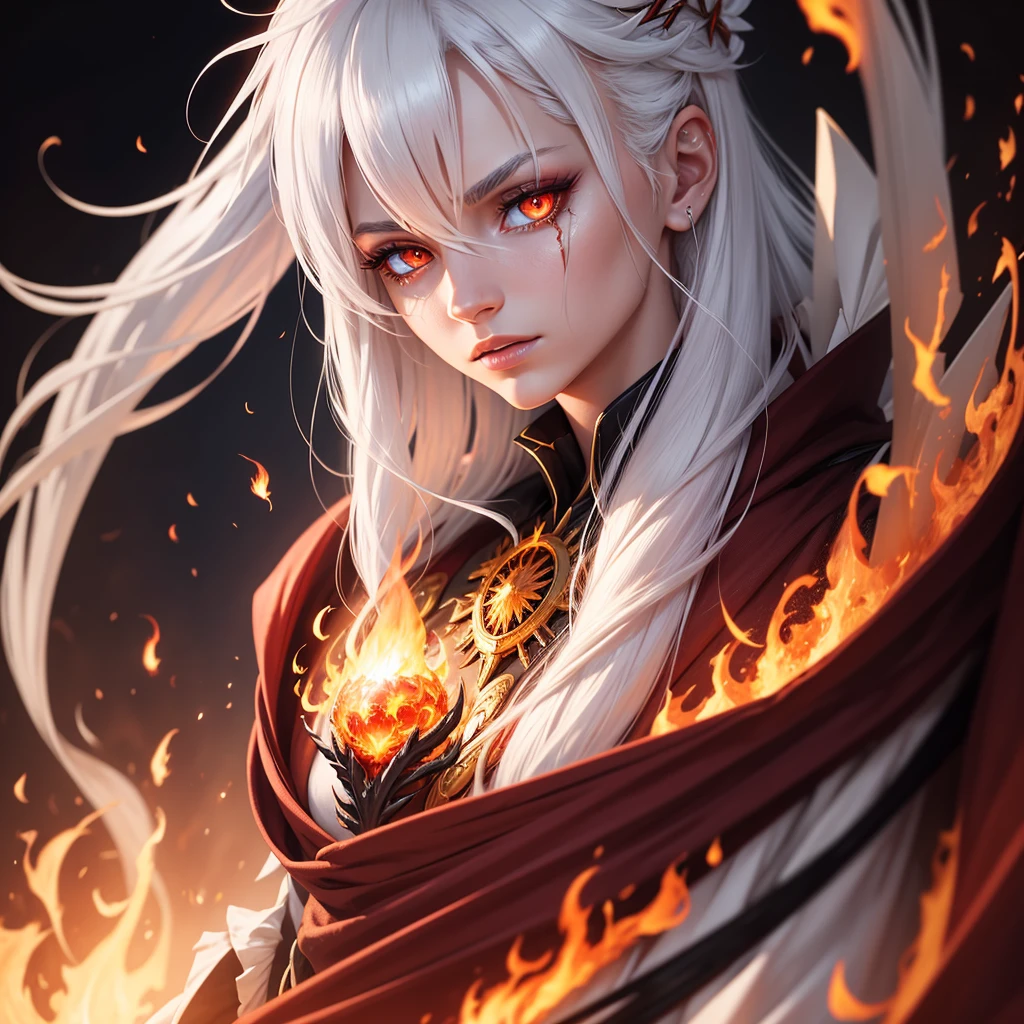 Phoenix,Queen,Reborn from the ashes,white hair,red eye,flame,magic,close up