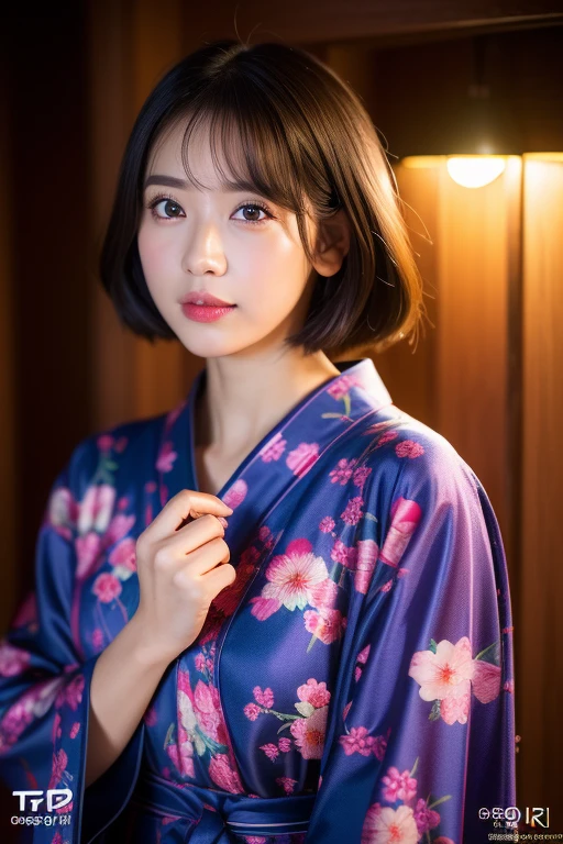 cute 21 year old japanese、super detailed face、Attention to detail、double eyelid、Beautiful thin nose、Sharp focus:1.2、Beauty:1.4、(bright茶髪、short cut hair、white skin、highest quality、bright、masterpiece、ultra high resolution、(realism:1.4)、hostel、cute yukata、meal、