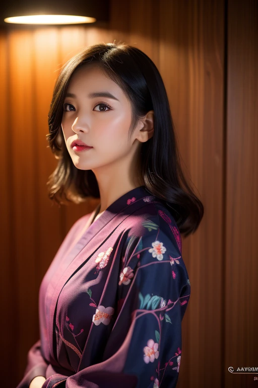 ((realistic lighting、highest quality、8K、masterpiece:1.3))、clear focus:1.2、1 girl、perfect figure:1.4、Black-haired、Wearing yukata、Yukata has cherry blossom pattern、outside the house、night:1.1、Fireworks Festival、super fine face、narrow eyes、double eyelid、