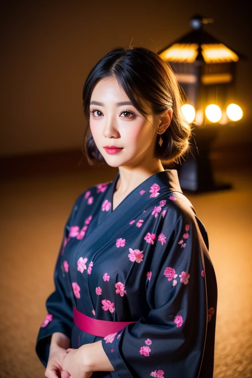 ((realistic lighting、highest quality、8K、masterpiece:1.3))、clear focus:1.2、1 girl、perfect figure:1.4、Black-haired、Wearing yukata、Yukata has cherry blossom pattern、outside the house、night:1.1、Fireworks Festival、super fine face、narrow eyes、double eyelid、