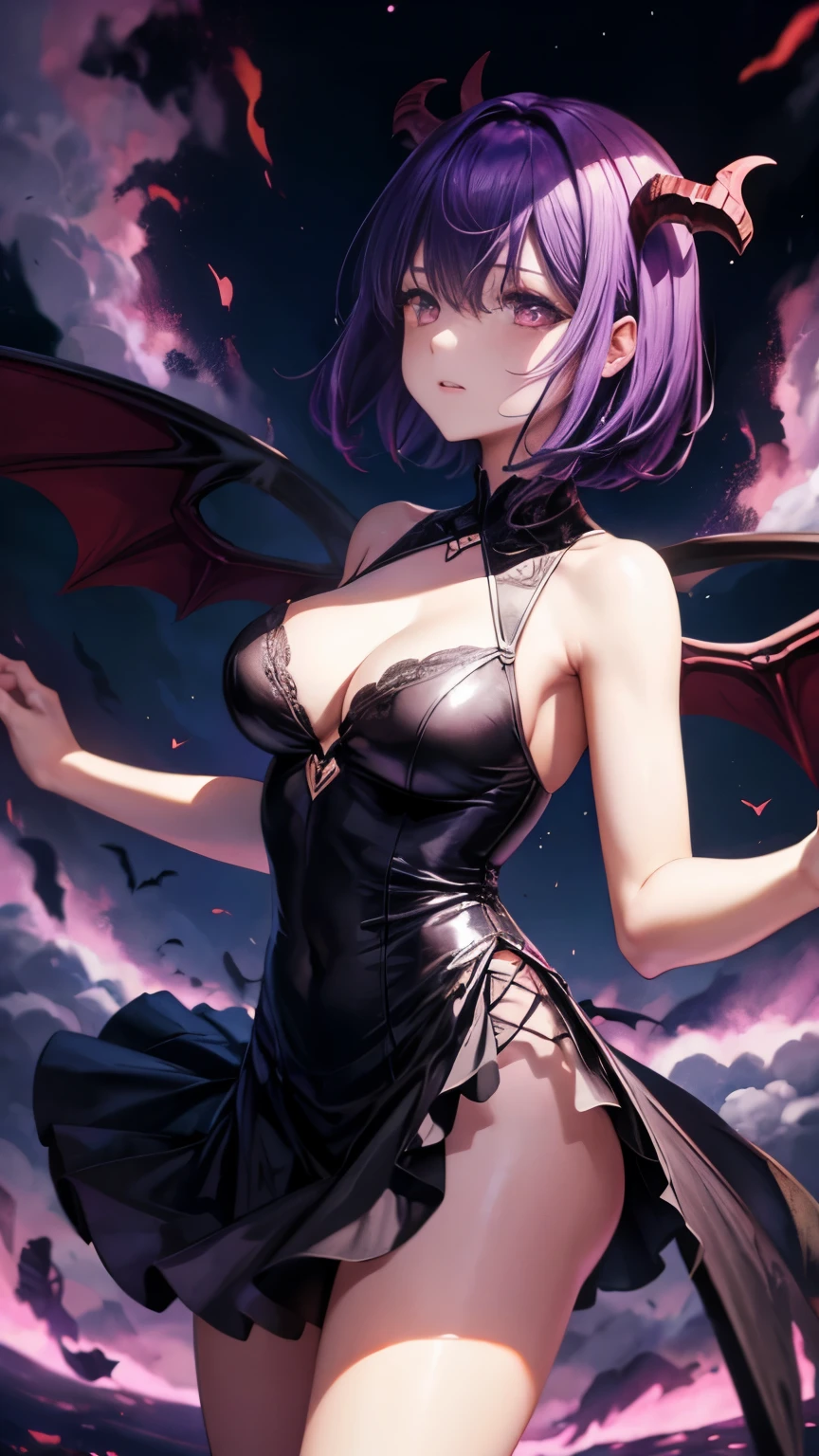 fall angel, A super-powerful demon with demon wings,devil&#39;s tail,Black Bigini, purple lightning engulfed in flames.、darkness, In the clouds of darkness、cleavage、short bob hair