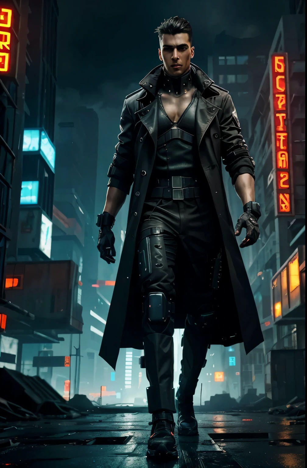 realistic depiction of a cyberpunk man walking towards the camera, with a strong and confident stride, wearing a futuristic trench coat, cybernetic enhancements visible on his arms and face, and a cityscape with towering neon-lit buildings in the background, (dystopian:1.2), (gritty and industrial setting), (dynamic lighting), (attention to realistic details)
