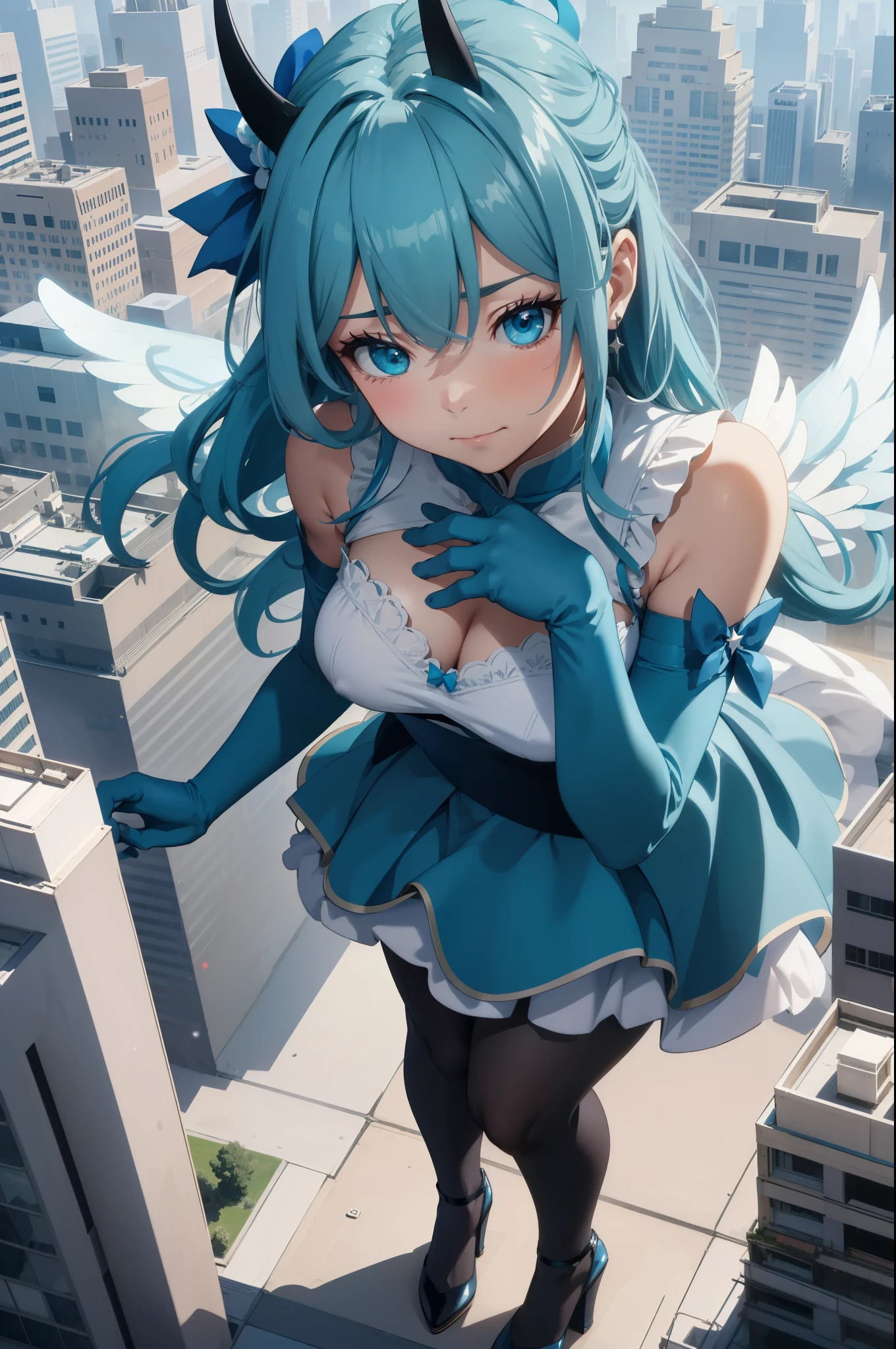 Aerial View,giant girl 50,000 feet high,Weight 1000kg,Has a pair of huge blue angel wings,With huge devil horns on his head,Has waist-length blue hair,loose hair,Blue wavy hair,cyan crown,Wearing a pair of cyan Mary Jane high heels,cyan lace gloves,Cyan lace pantyhose,Pantyhose with bow and star decorations,青色蕾丝whole body,Standing upright on a small city,Beautiful appearance,Exquisite makeup,quality,8k,高quality,Perfect proportion, Cinema lighting,film grain,Fuji colors,8k,textured skin,Super details,high detail,high resolution,fake smile,blood stains,脚底有blood stains,whole body,Obese,feather