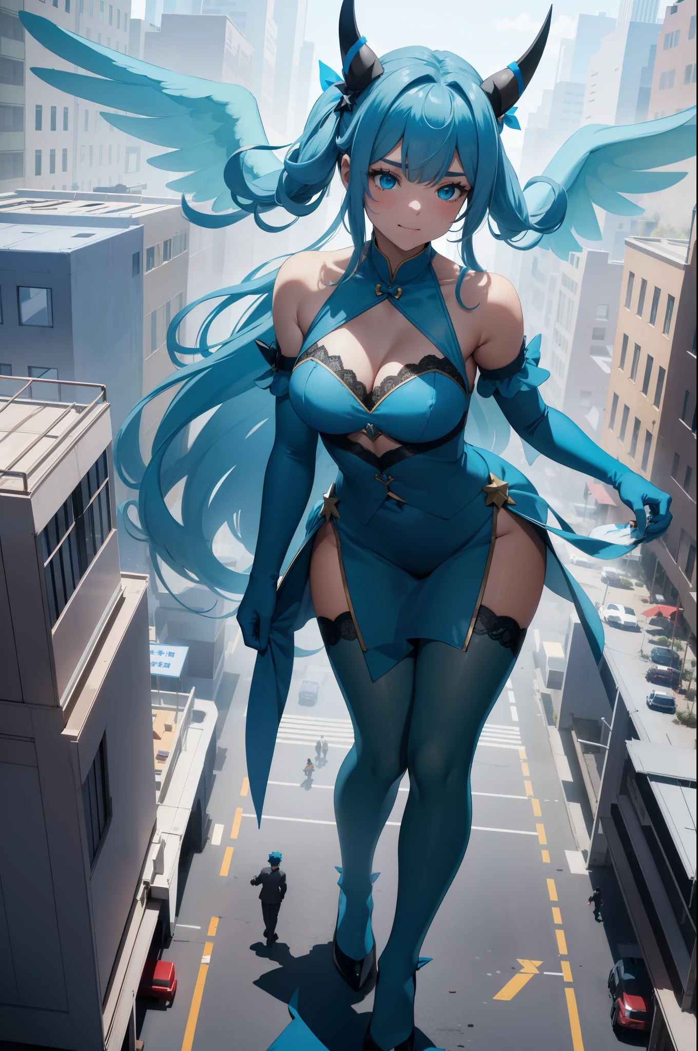 Aerial View,giant girl 50,000 feet high,Weight 1000kg,Has a pair of huge blue angel wings,With huge devil horns on his head,Has waist-length blue hair,loose hair,Blue wavy hair,cyan crown,Wearing a pair of cyan Mary Jane high heels,cyan lace gloves,Cyan lace pantyhose,Pantyhose with bow and star decorations,青色蕾丝whole body,Standing upright on a small city,Beautiful appearance,Exquisite makeup,quality,8k,高quality,Perfect proportion, Cinema lighting,film grain,Fuji colors,8k,textured skin,Super details,high detail,high resolution,fake smile,blood stains,脚底有blood stains,whole body,Obese,feather