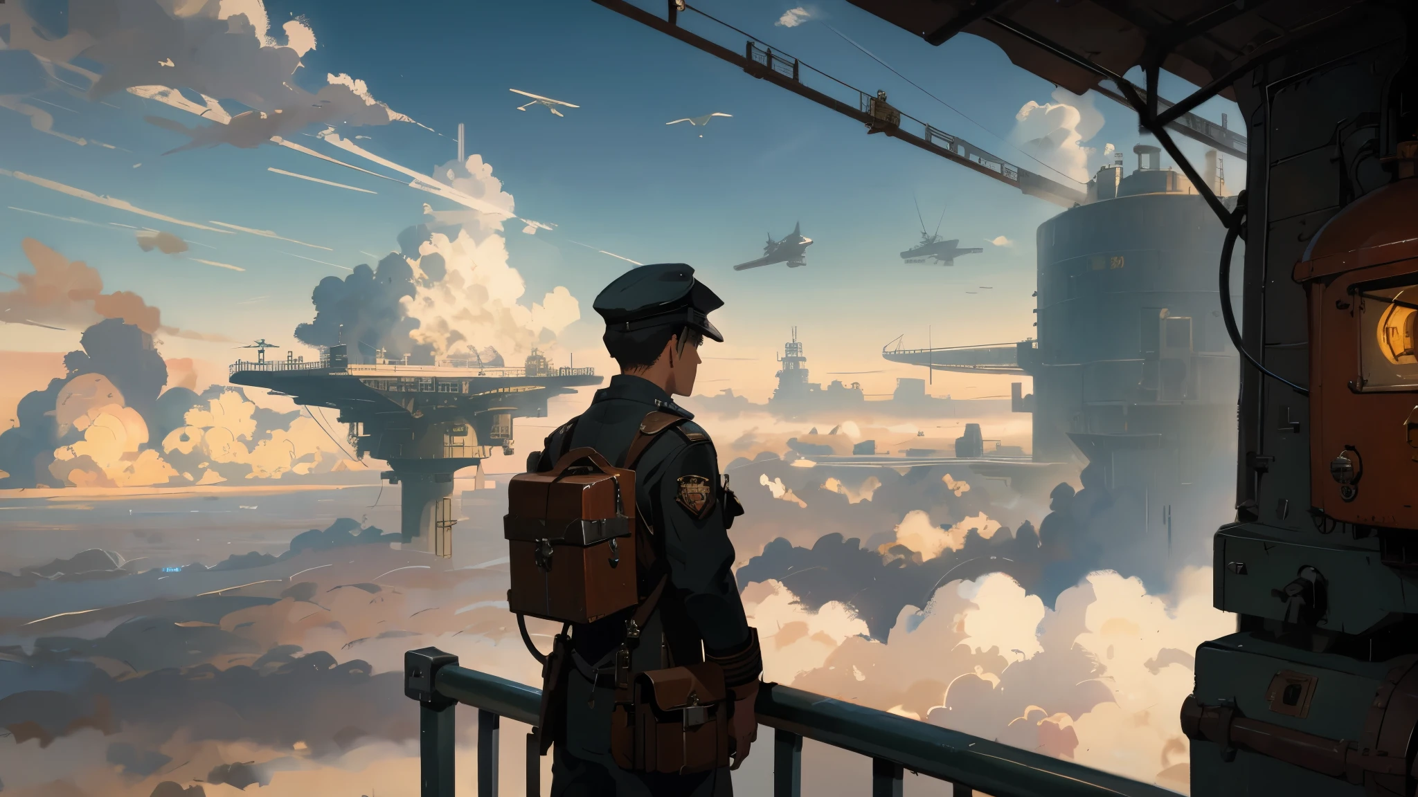 dieselpunk style,Retro industrial style airship,A mailbox,sketch,Quick paint,A postman standing on the deck,Postman on the cloud,Outside the railing is the scenery of sea of clouds,(Aircraft above the clouds),Conceptual scenes