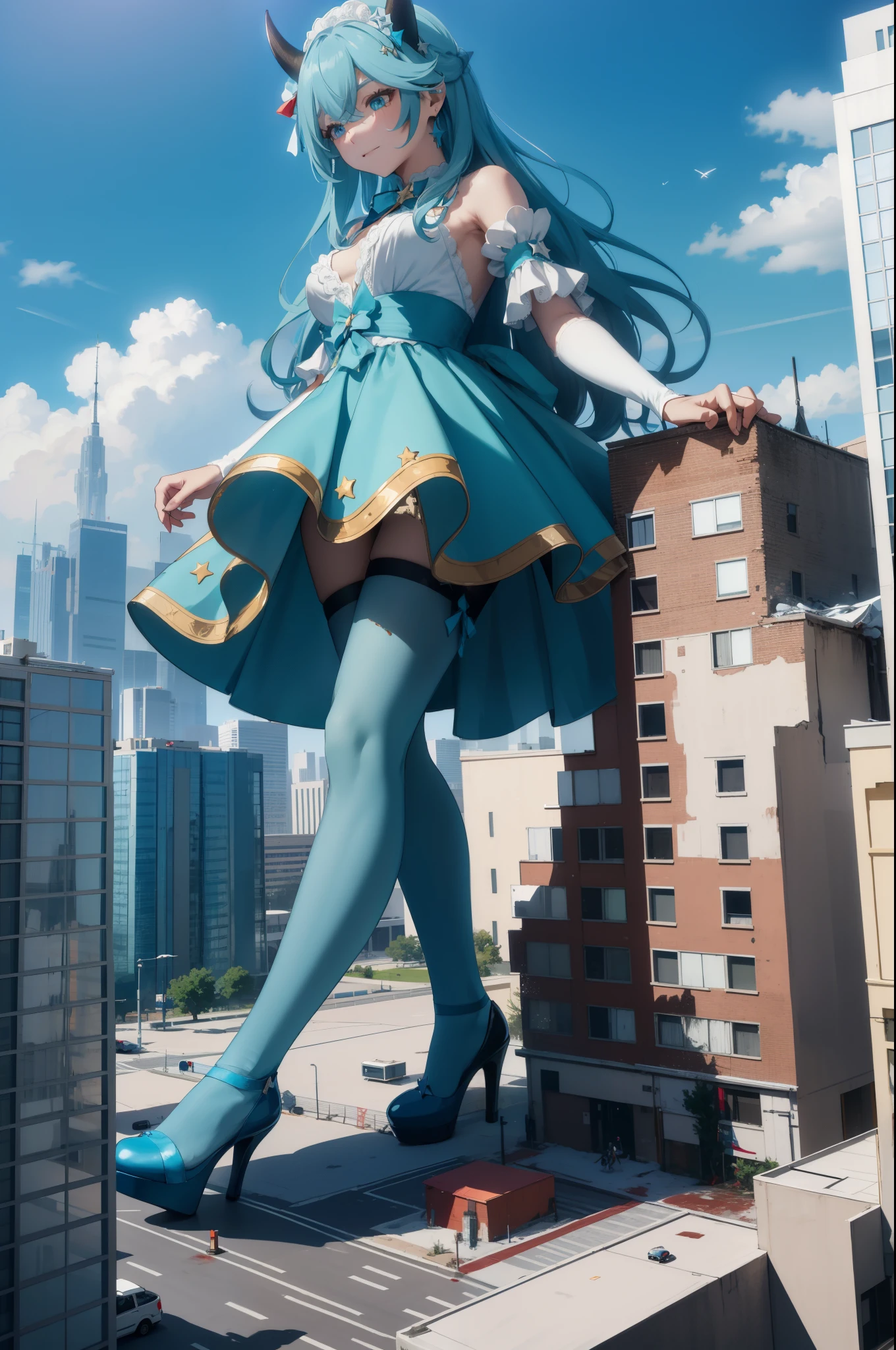 Aerial View,giant girl 50,000 feet high,Weight 1000kg,Has a pair of huge blue angel wings,With huge devil horns on his head,Has waist-length blue hair,loose hair,Blue wavy hair,cyan crown,Wearing a pair of cyan Mary Jane high heels,cyan lace gloves,Cyan lace pantyhose,Pantyhose with bow and star decorations,青色蕾丝whole body,Standing upright on a small city,Beautiful appearance,Exquisite makeup,quality,8k,高quality,Perfect proportion, Cinema lighting,film grain,Fuji colors,8k,textured skin,Super details,high detail,high resolution,fake smile,blood stains,脚底有blood stains,whole body,Obese,feather