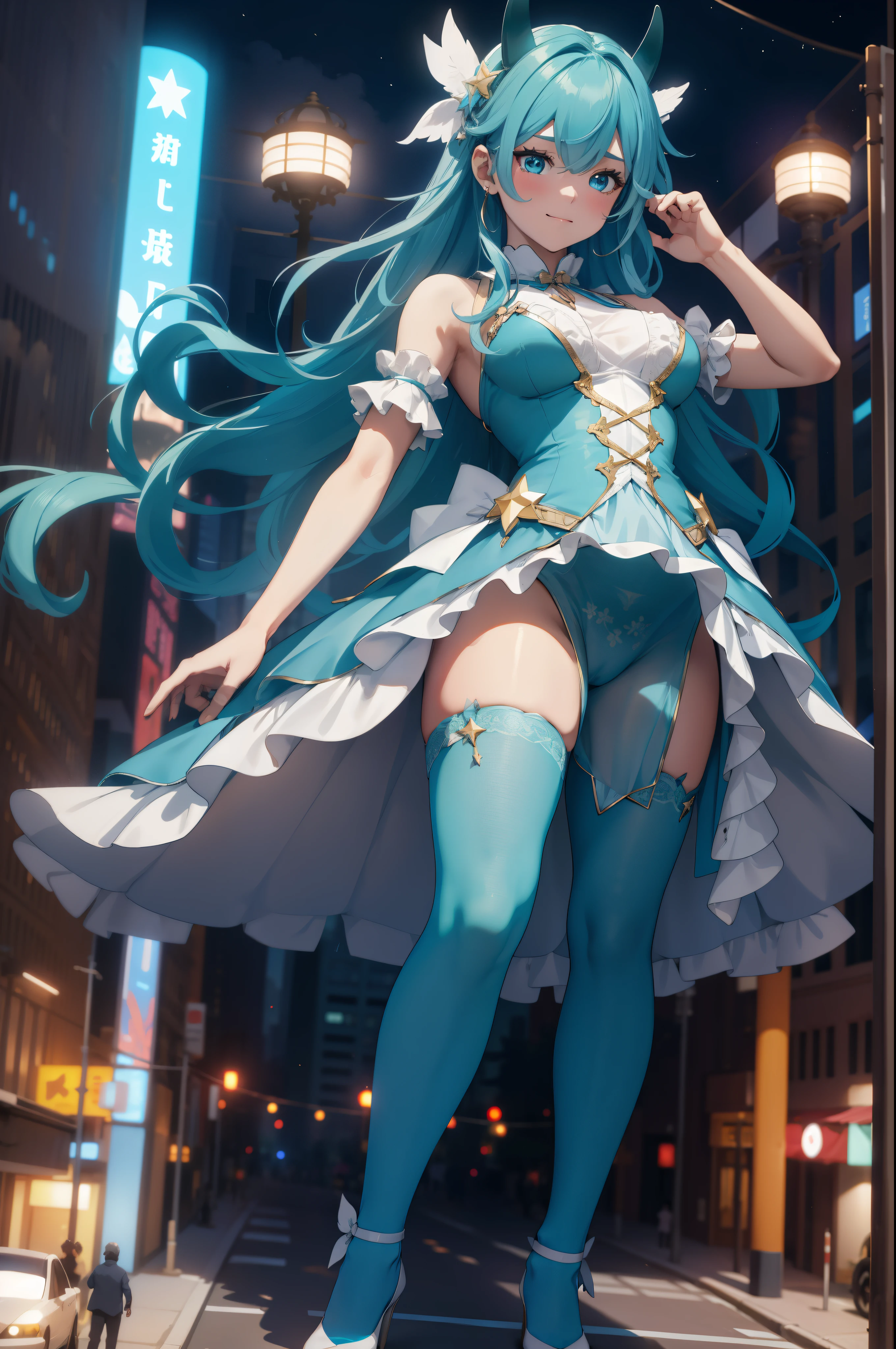 Aerial View，giant girl 50,000 feet high，Weight 1000kg，Has a pair of huge blue angel wings，With huge devil horns on his head，Has waist-length blue hair，loose hair，blue wavy hair，cyan crown，Wearing a pair of cyan Mary Jane high heels，cyan lace gloves，Cyan lace pantyhose，Bow and star embellished tights，青色蕾丝whole body，Standing tall above the small town，Beautiful appearance，Exquisite makeup，quality，8k，高quality，Perfect proportion, Cinema lighting，film grain，Fuji colors，8k，textured skin，Super details，high detail，high resolution，fake smile，blood stains，脚底有blood stains，whole body，fat，feather