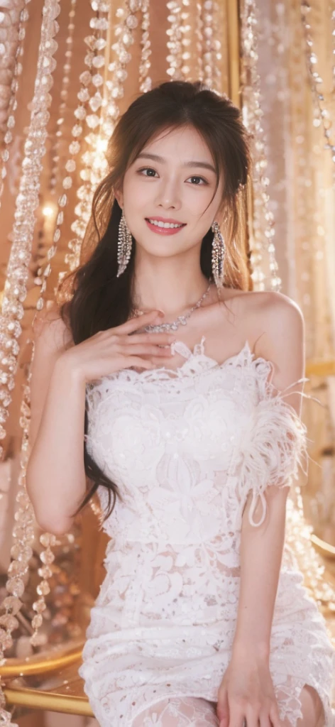 最high quality, masterpiece, High resolution, 1 girl, transparent silk china dress, beautiful face, hair ornaments, looking at the viewer, smile, closed mouth,lips, dress,hair ornaments, necklace, jewelry, long hair, earrings, beautiful face,On top of that_body, Tyndall effect,realistic, dark studio, rim lighting, two-tone lighting,(high definition skin:1.2), 8K uhd, Digital single-lens reflex camera, soft lighting, high quality, volume lighting, Frank, photograph, High resolution, 4K, 8K, Bokeh