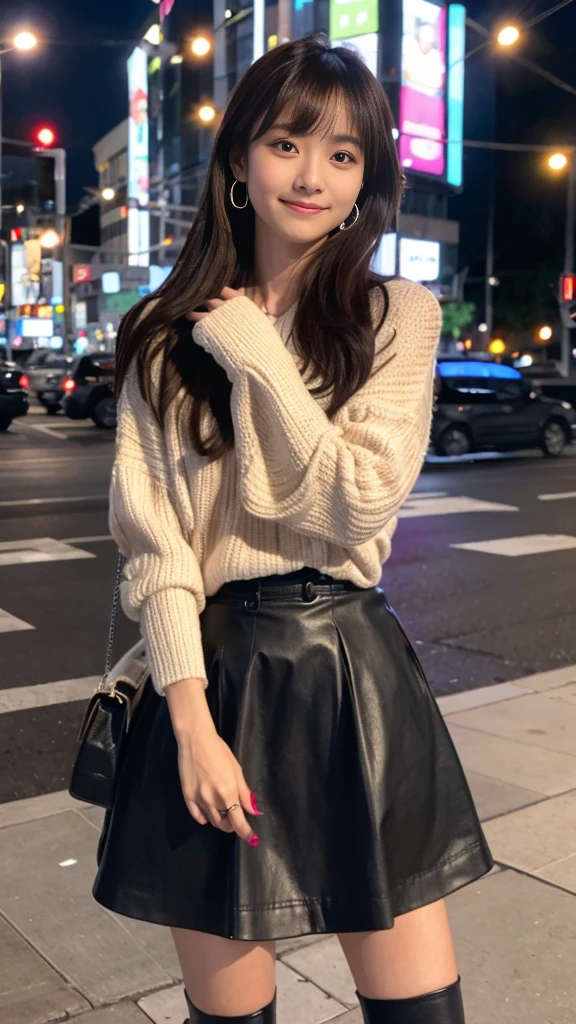 night,outside in the city,nightのライトアップ,cowboy shot,Are standing,fashion model pose,lace up boots,(leather skirt),Camel coat,earrings,knee high socks,bracelet,side swept bangs,(silver hair color),(Thighs),ultra-realistic capture, very detailed, High resolution 16K close-up of human skin,Skin texture must be natural, So much detail that you can see even your pores,skin needs to look healthy, with an even tone,Use natural light and color,smiling shyly,
