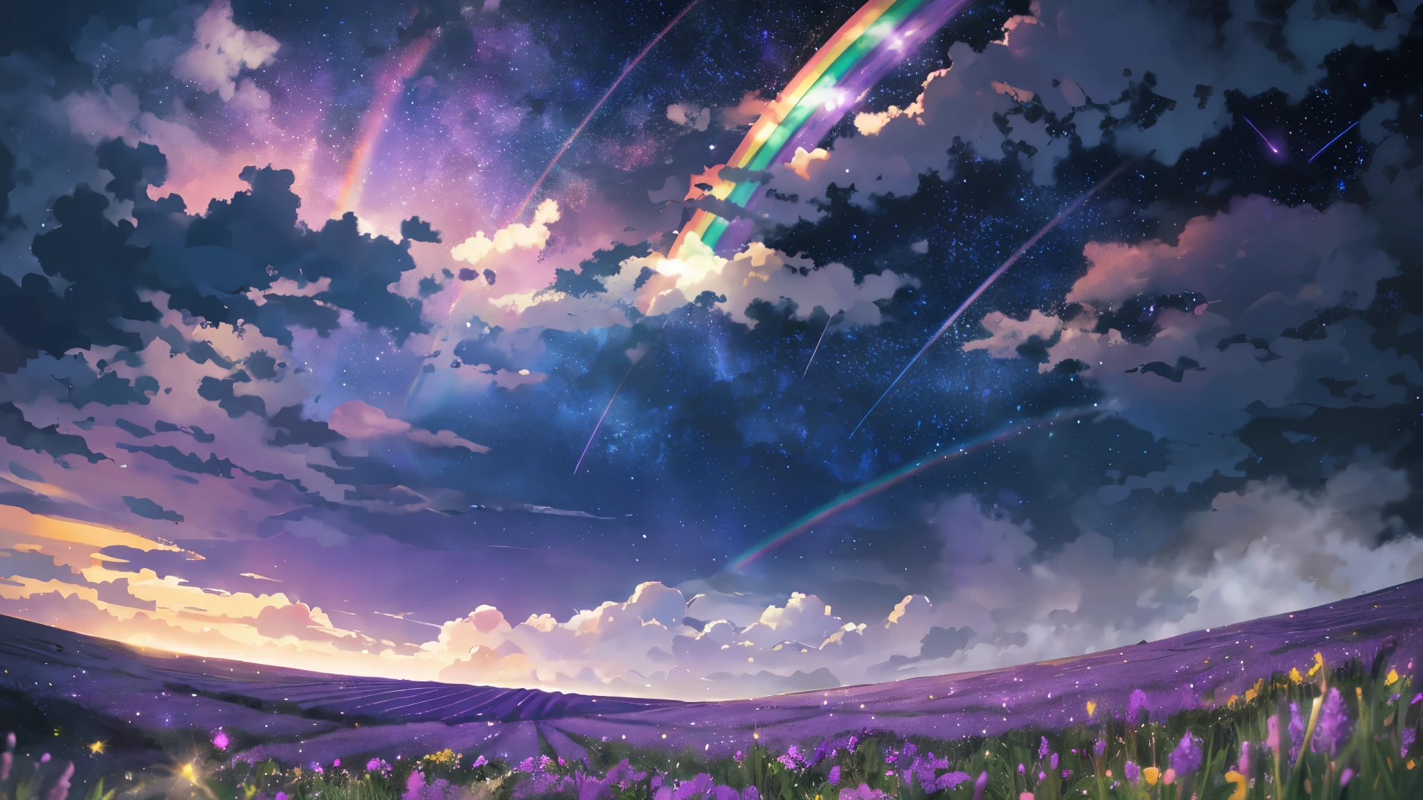 (from below, the sky above, open fields below), purple sky, clouds, stars, lavender meadows, flowers, wind, (dynamic composition: 1.4), rich detail, rich in color, (rainbow colors: 1.2), (luminous, atmospheric lighting), dreamy, magical